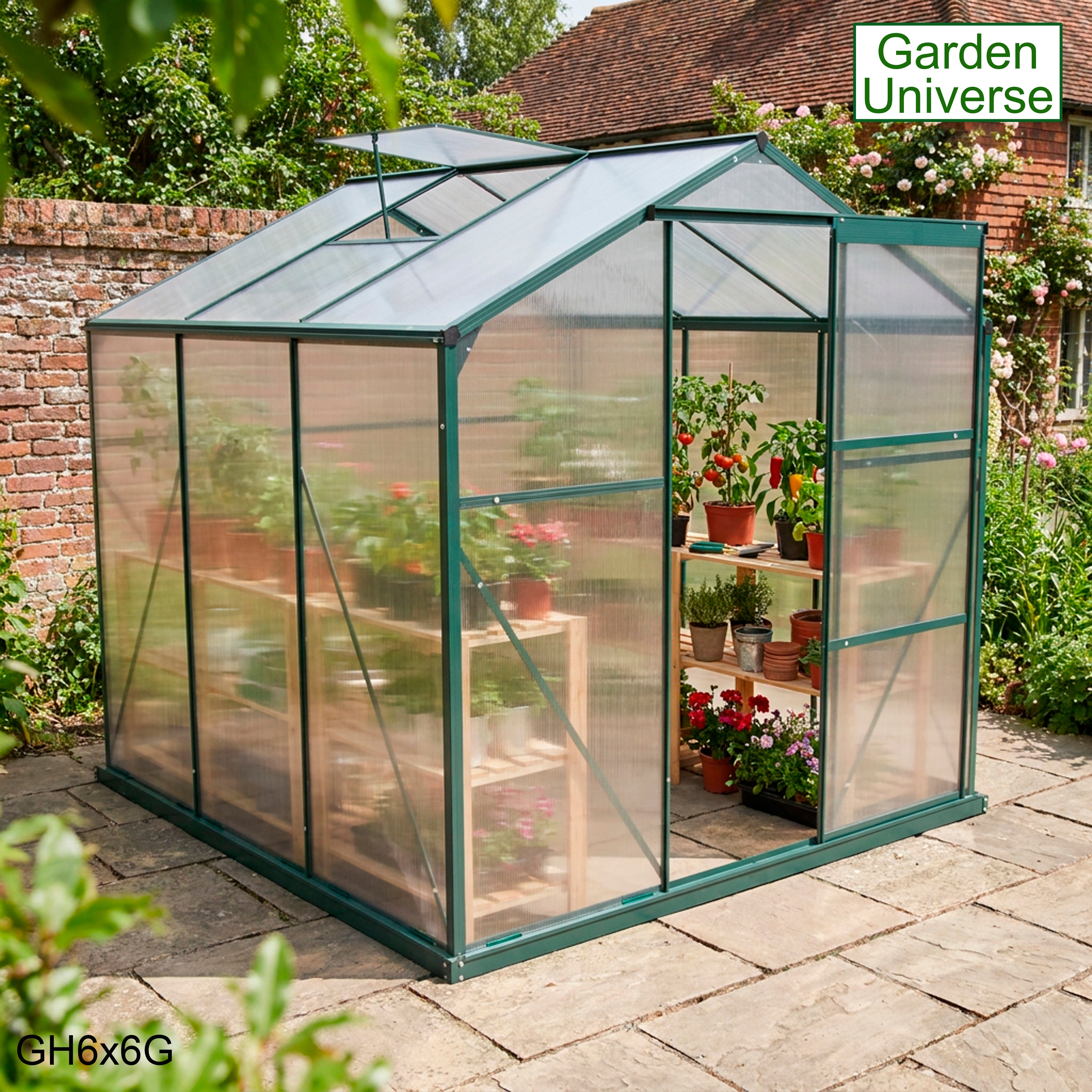 Greenhouse 6' x 6' Green Aluminium Frame Polycarbonate Panels and Free Base