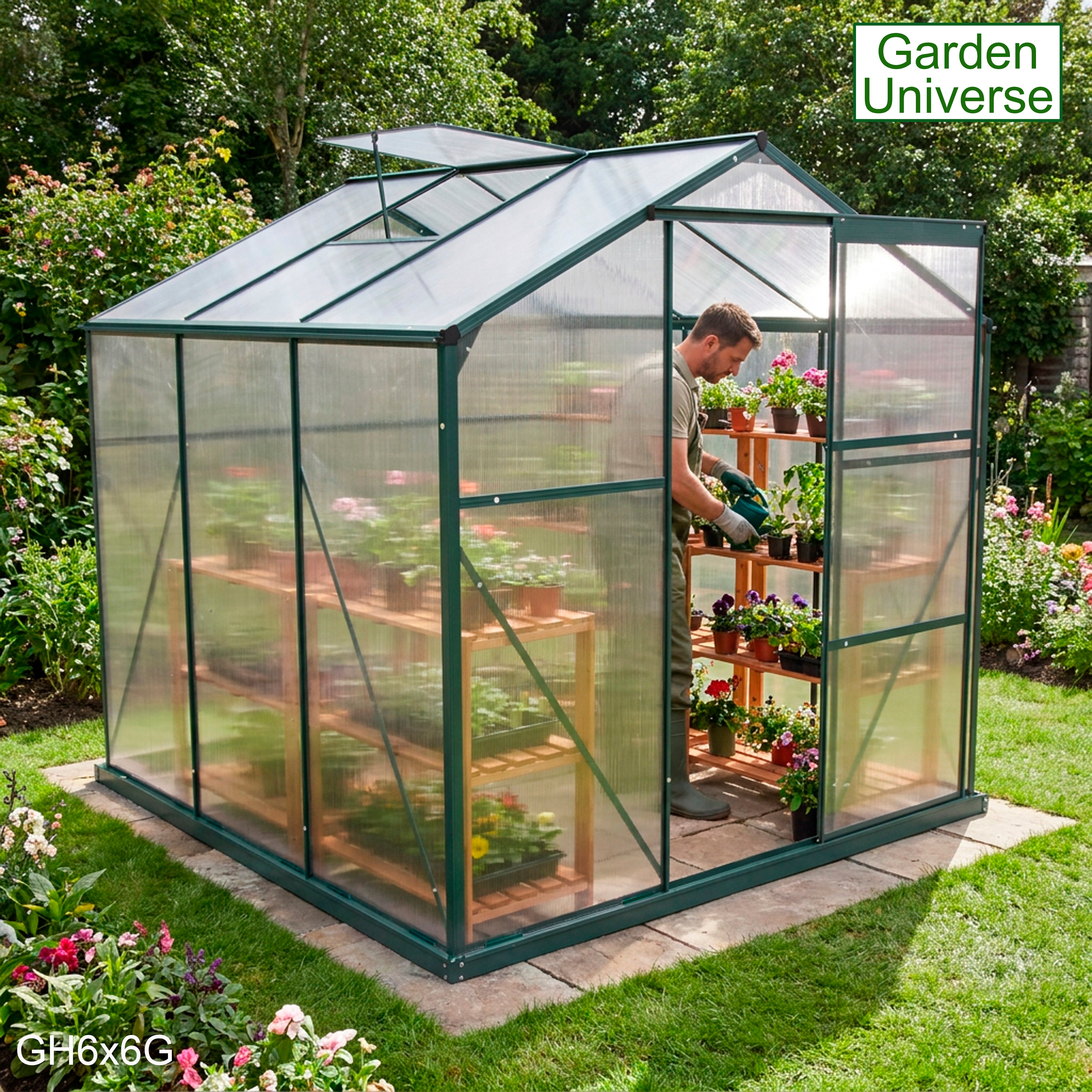 Greenhouse 6' x 6' Green Aluminium Frame Polycarbonate Panels and Free Base