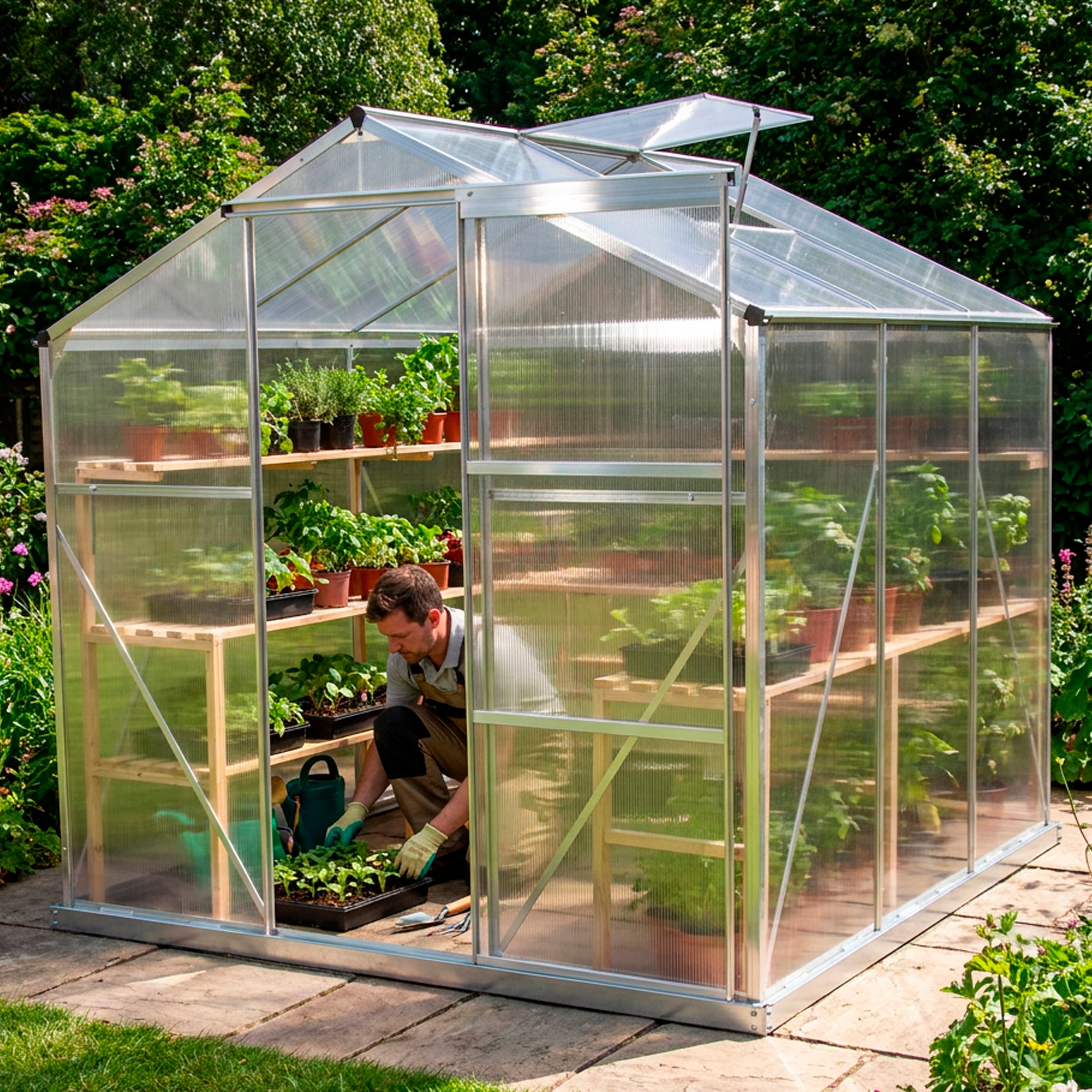 Greenhouse 6' x 6' Silver Aluminium Frame Polycarbonate Panels and Free Base