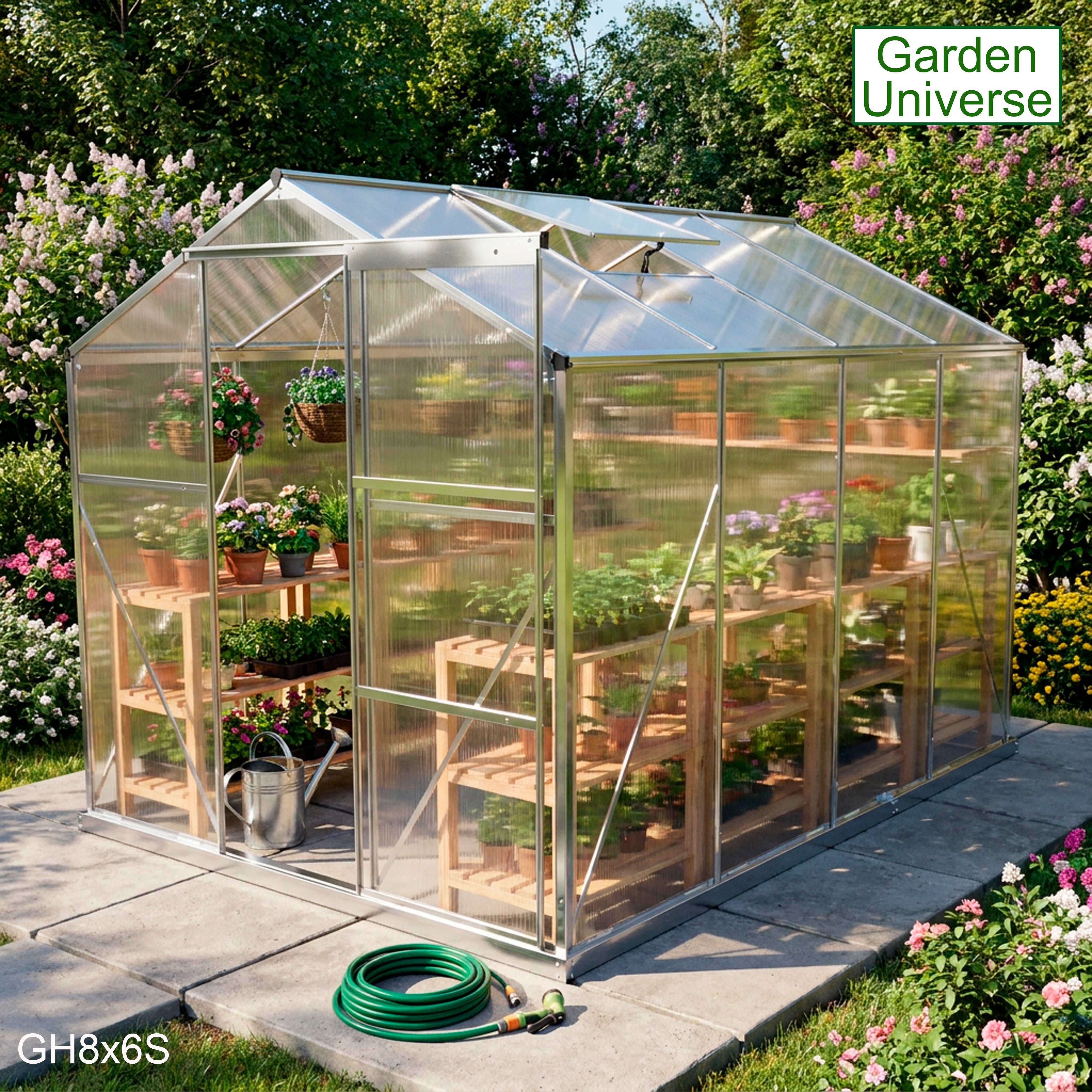 Greenhouse 6' x 8' Silver Aluminium Frame Polycarbonate Panels Free Base