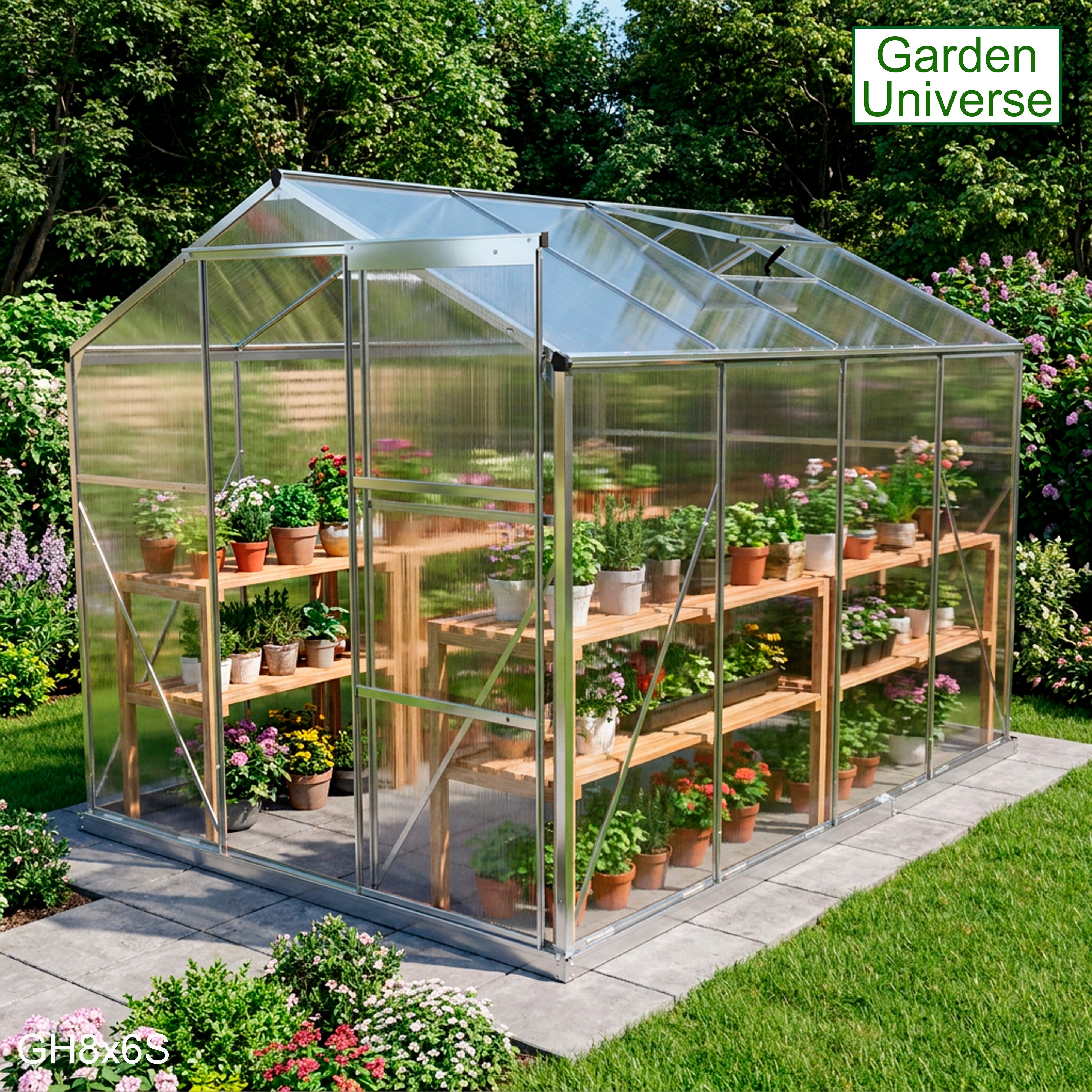 Greenhouse 6' x 8' Silver Aluminium Frame Polycarbonate Panels Free Base