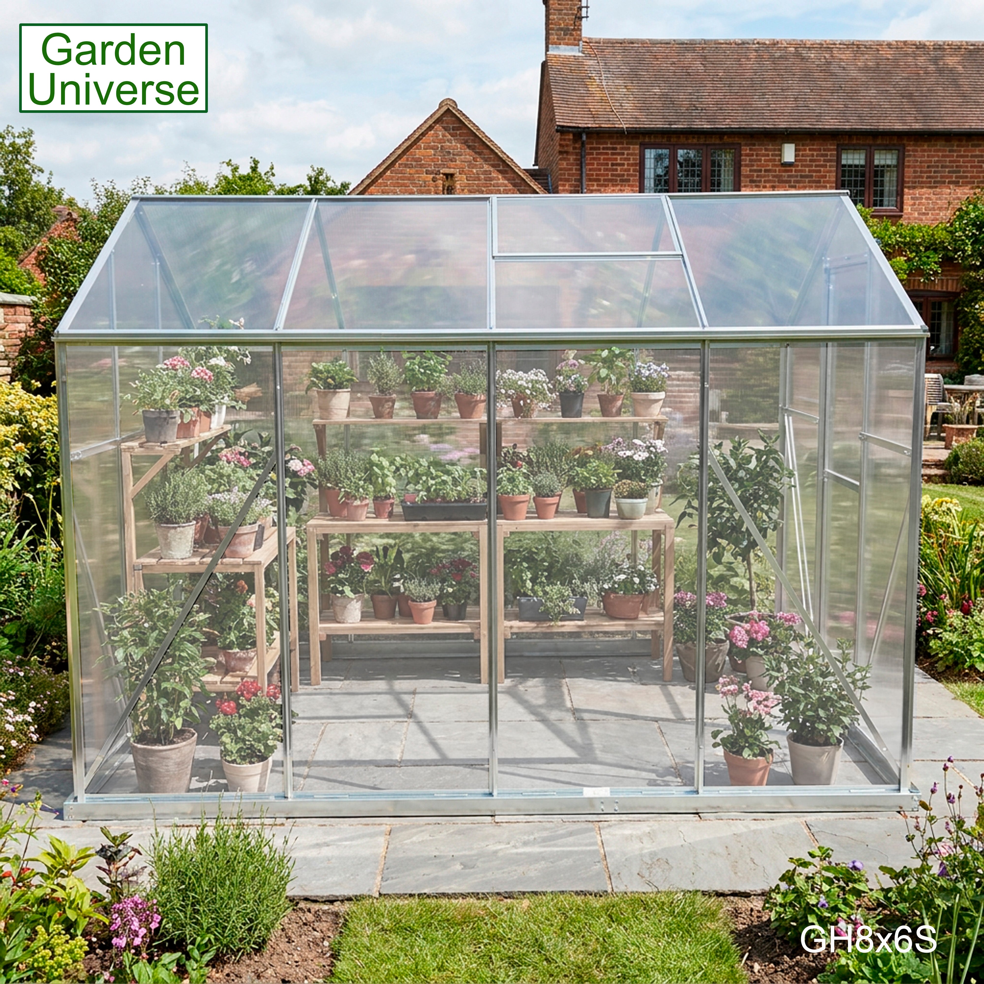 Greenhouse 6' x 8' Silver Aluminium Frame Polycarbonate Panels Free Base