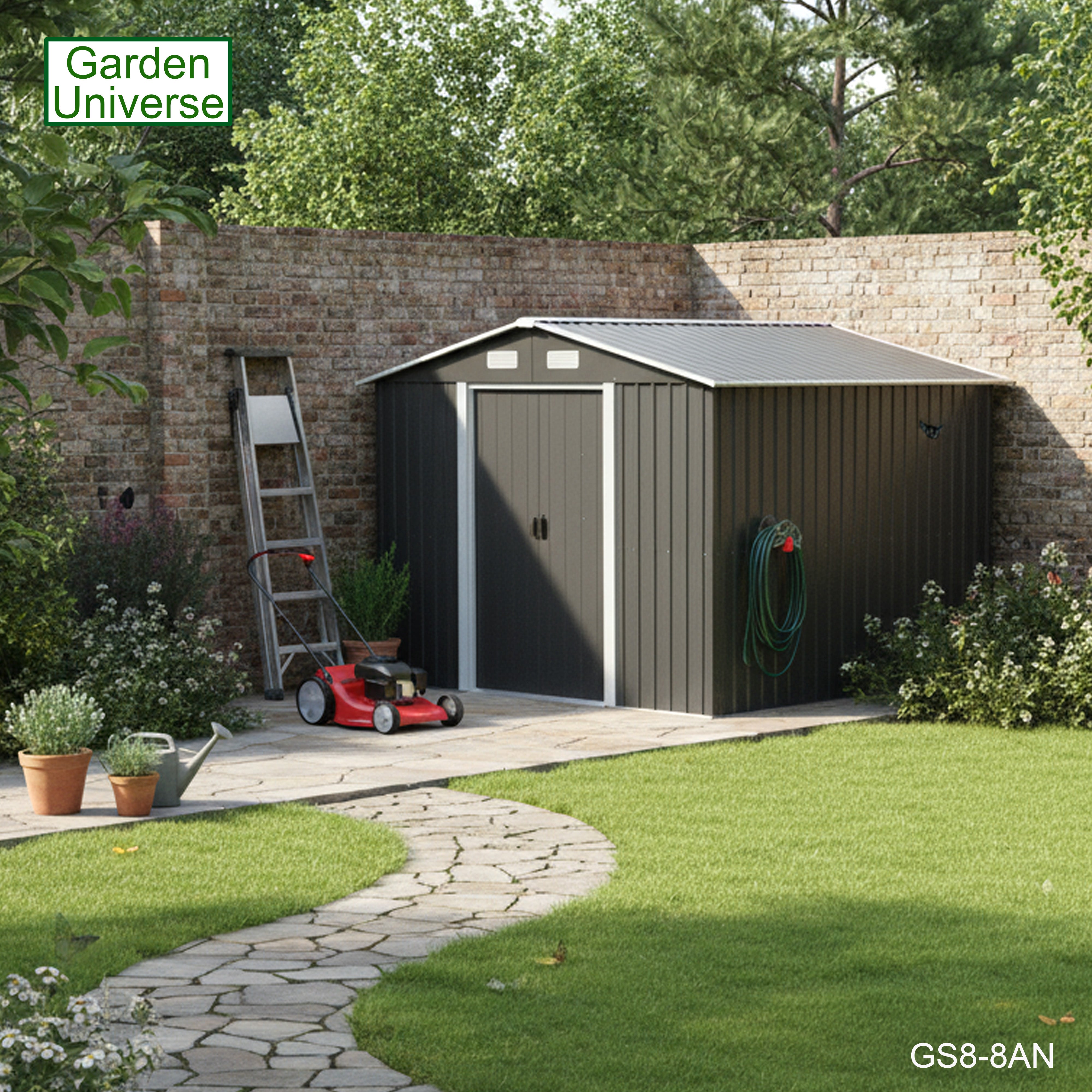 Metal Garden Shed 8' x 8' Storage in Anthracite with Base Frame GS8-8AN