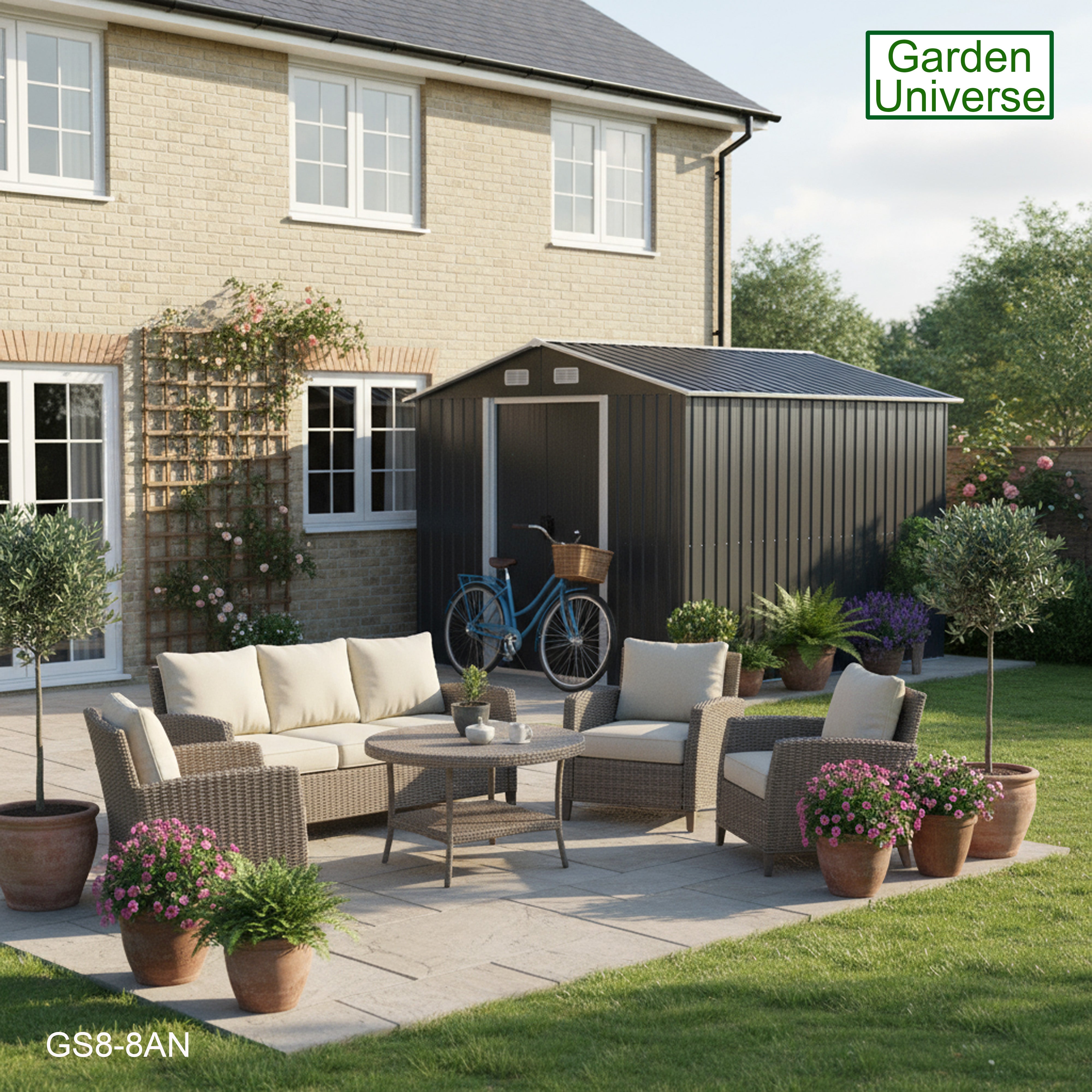 Metal Garden Shed 8' x 8' Storage in Anthracite with Base Frame GS8-8AN