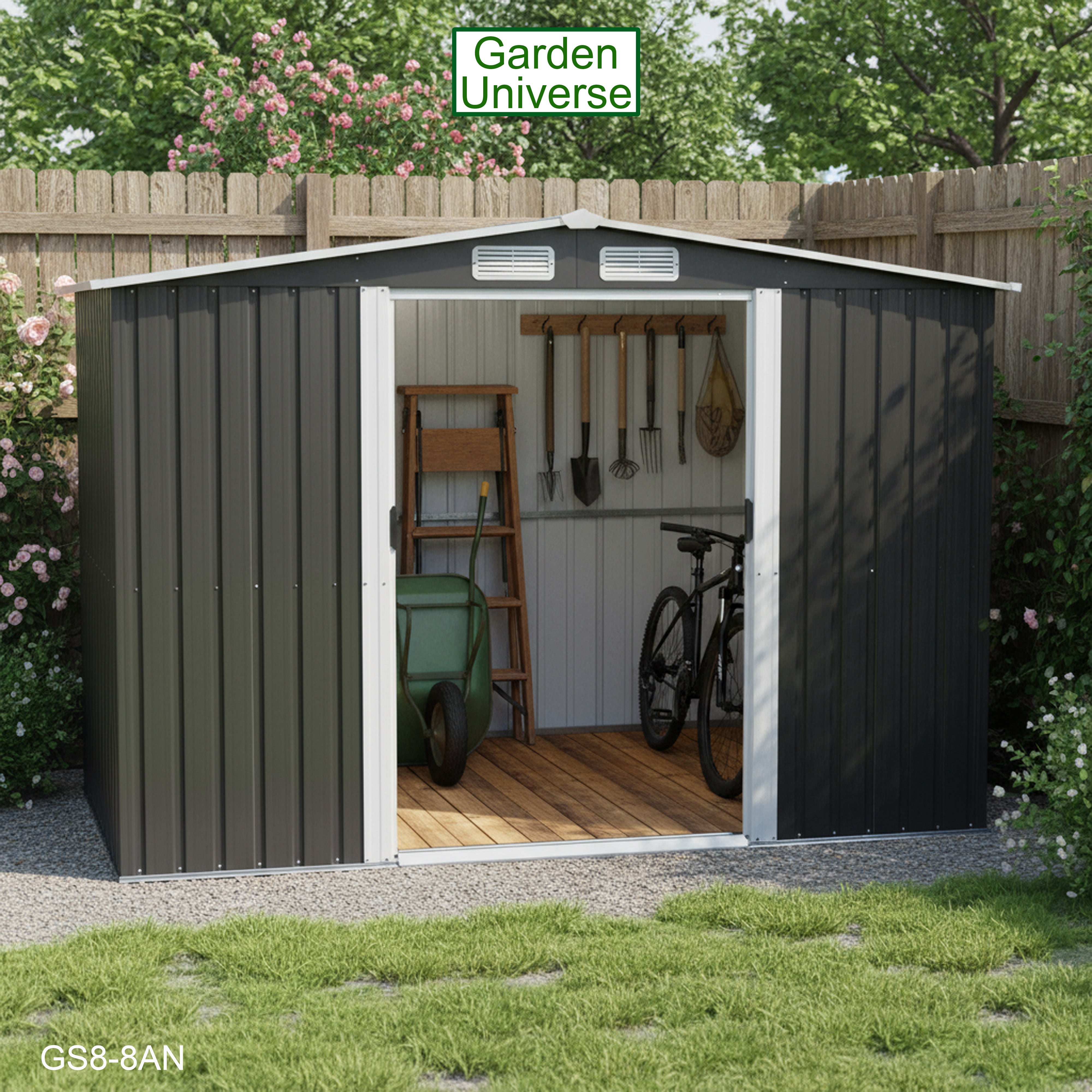 Metal Garden Shed 8' x 8' Storage in Anthracite with Base Frame GS8-8AN