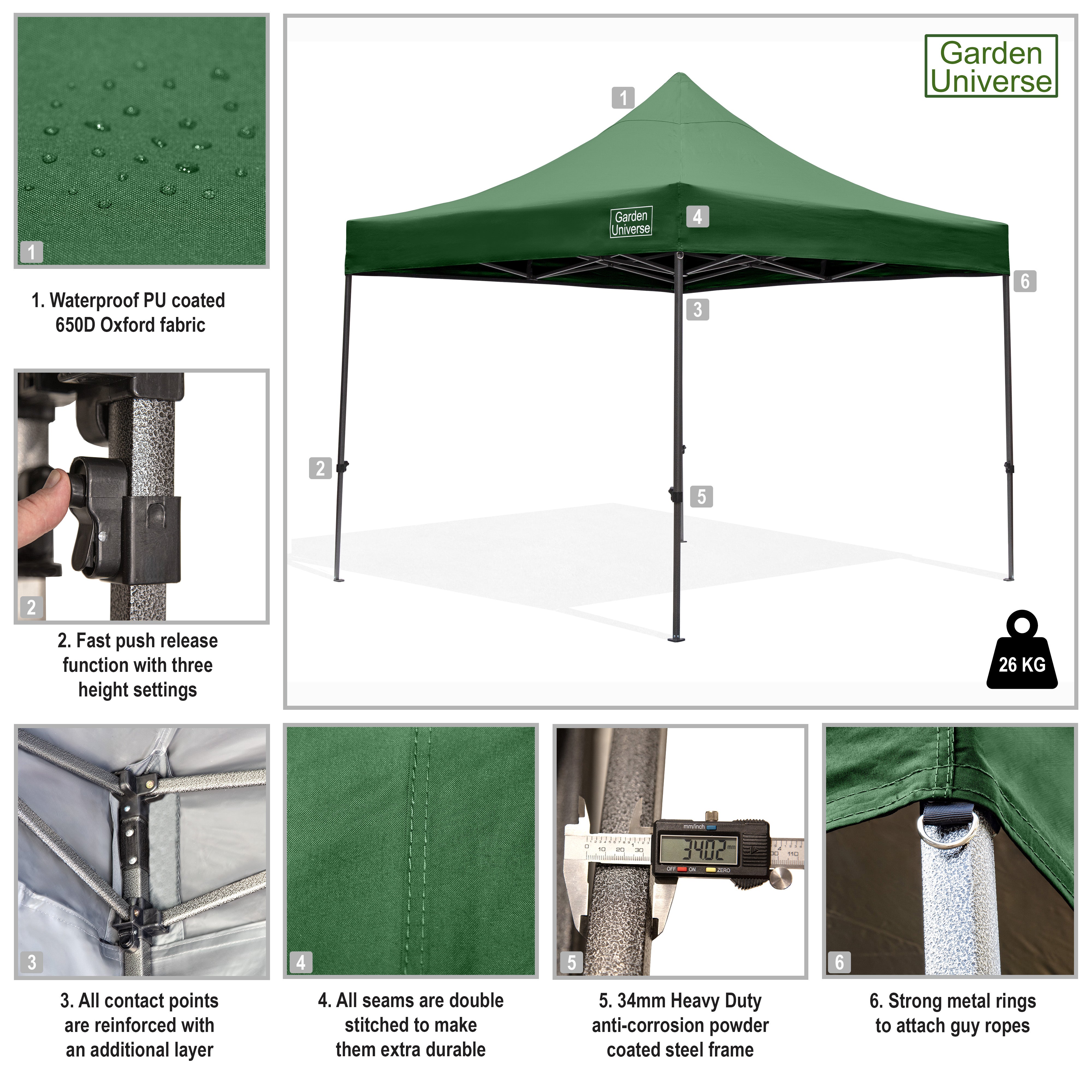 Gazebo 3m x 3m Commercial Grade Pop Up in Green with Heavy Duty Frame GAZ11-Green