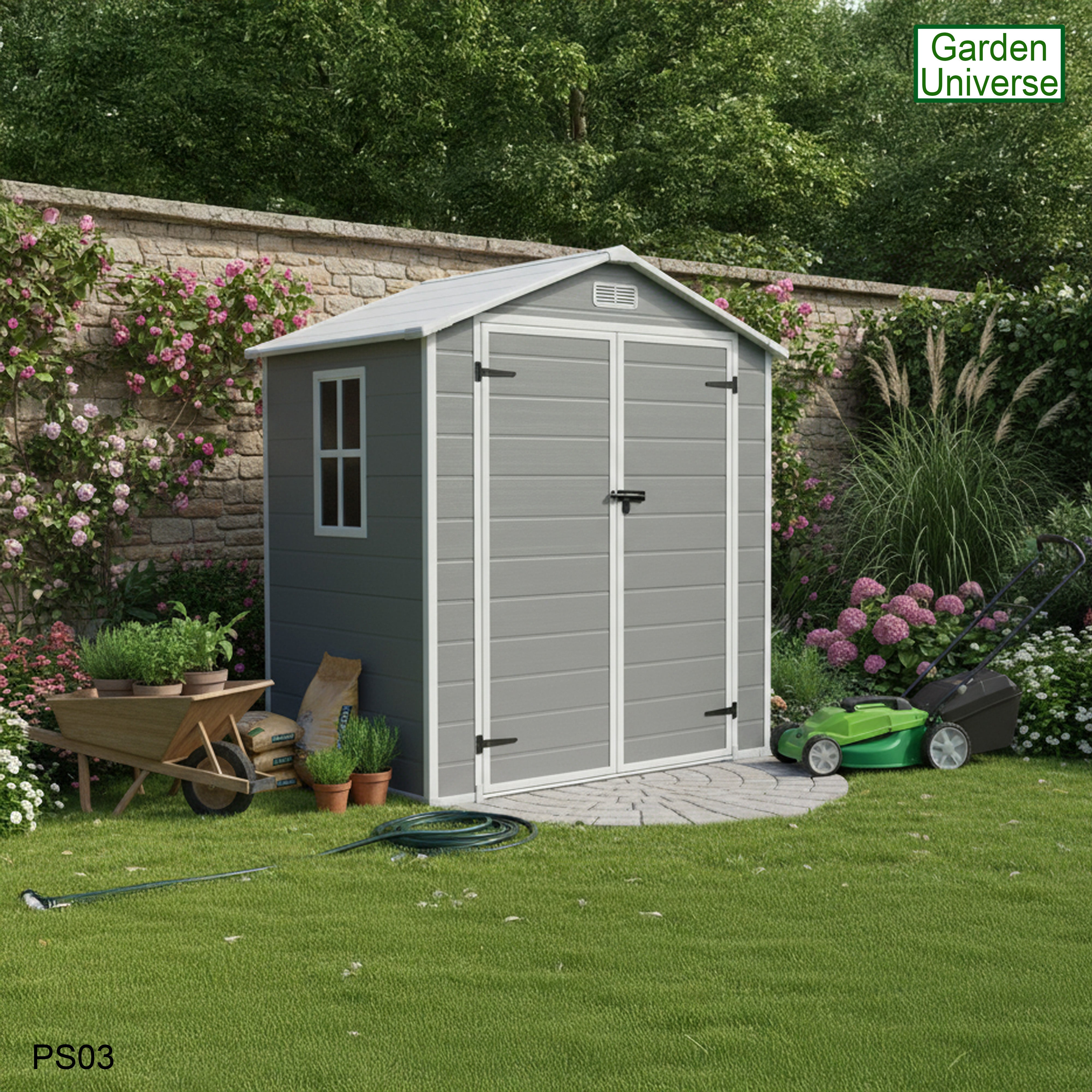 Garden Universe Plastic Garden Shed 5' 6" x 4' 5" Apex Roof Garden Storage Store with Floor PS03