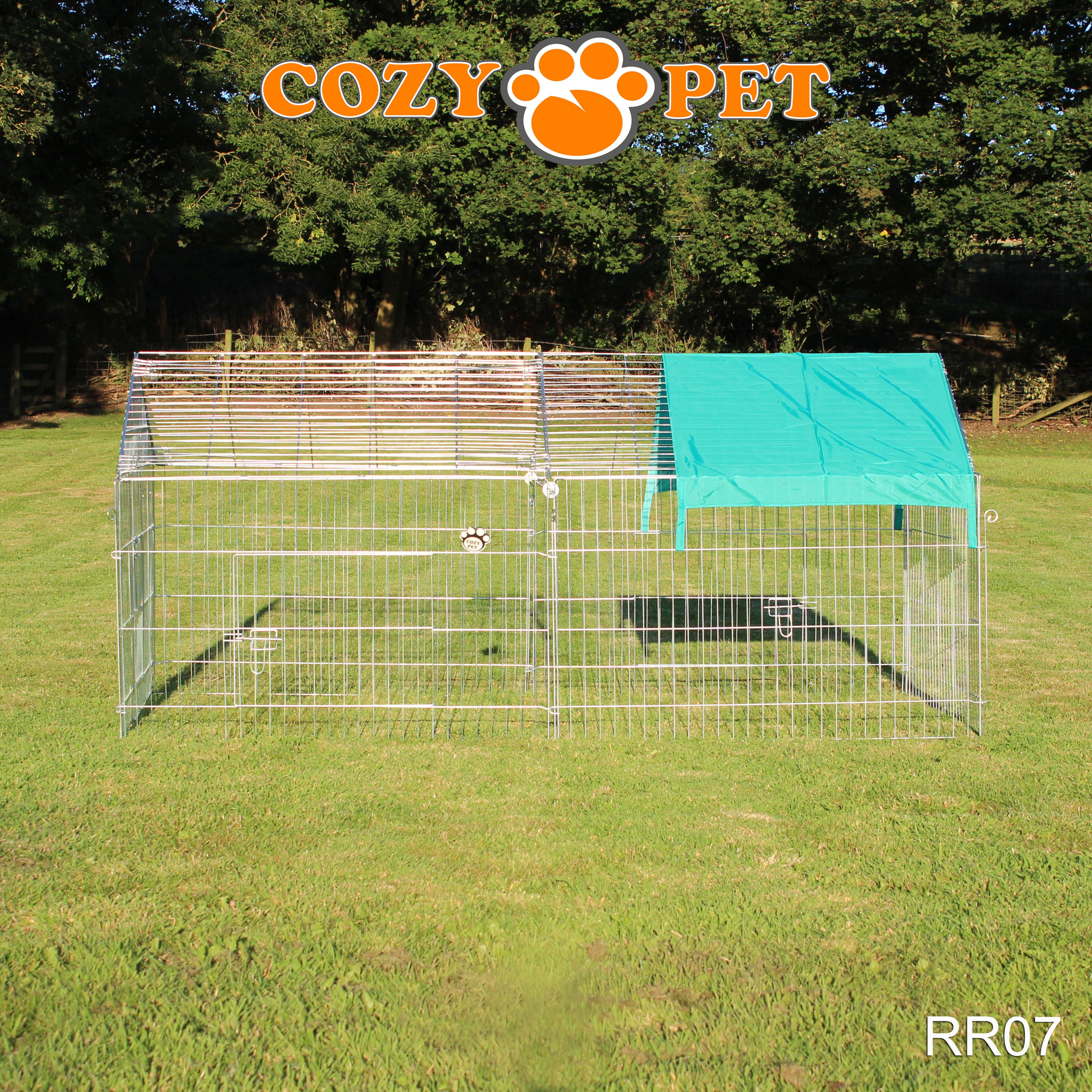 Rectangular Galvanised Rabbit Run with Pitched Roof and Sunshade - Large - RR07