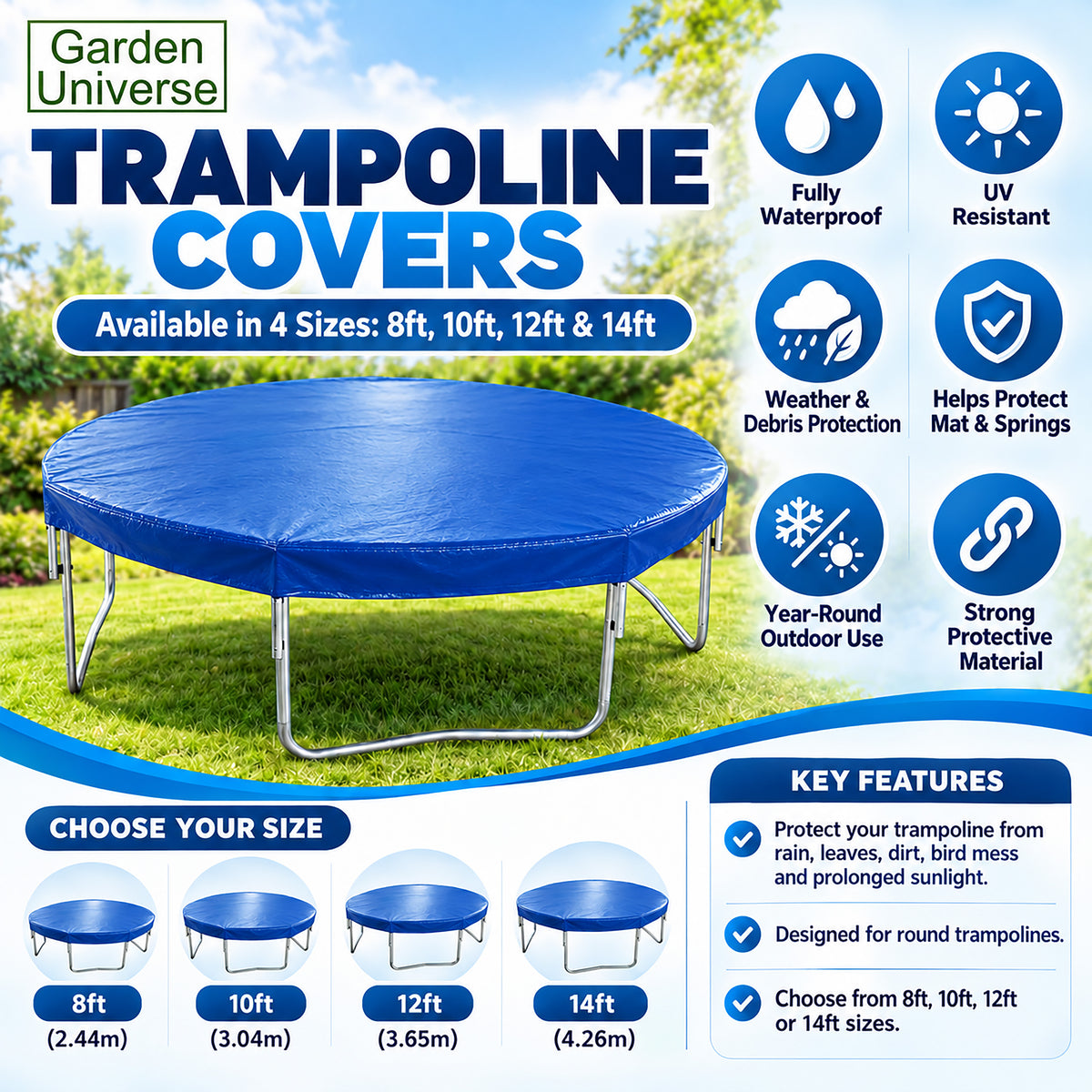 Garden Universe 8ft Trampoline Cover Waterproof Heavy Duty UV Resistant Weather Protection 244cm TC08