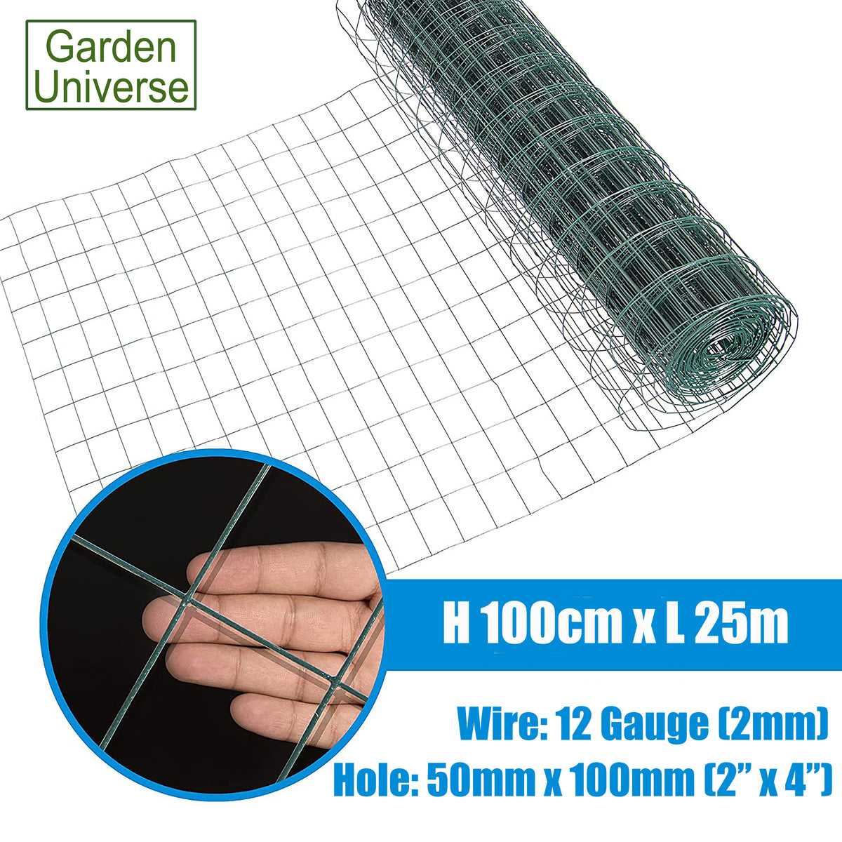 PVC Coated Wire Green W 100cm x L 25m Fence Mesh Fencing Hole Size 5 x 10cm W02-10