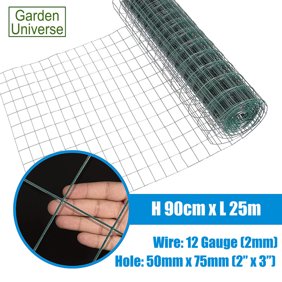PVC Coated Wire Green H 90cm x L 25m Fence Mesh Fencing Hole Size 5 x 7.5cm W02-2