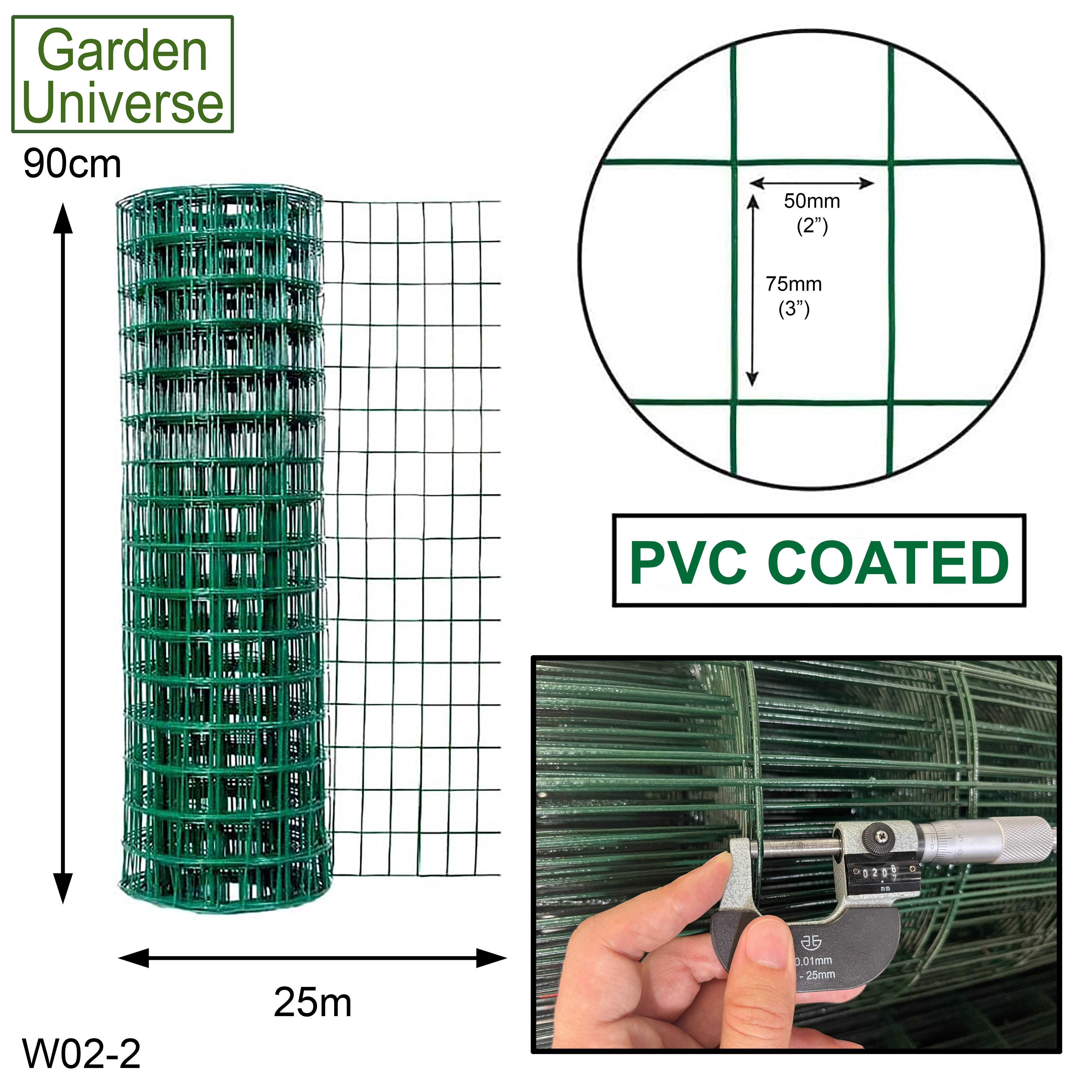 PVC Coated Wire Green H 90cm x L 25m Fence Mesh Fencing Hole Size 5 x 7.5cm W02-2