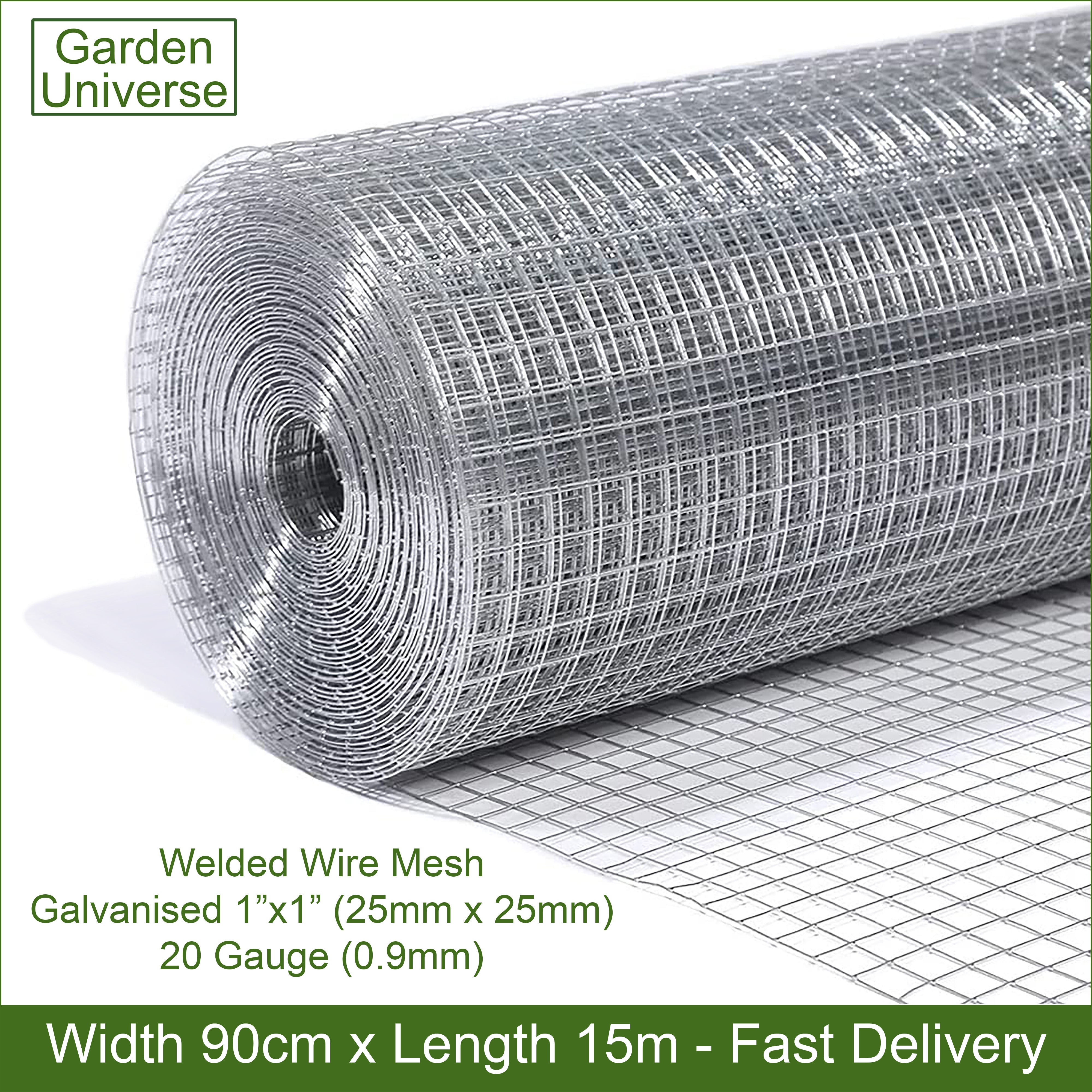 Welded Wire Mesh Galvanised Garden Universe Hole Size 25mm x 25mm (1"x1") H 90cm x L 15m Garden Fence W01-3