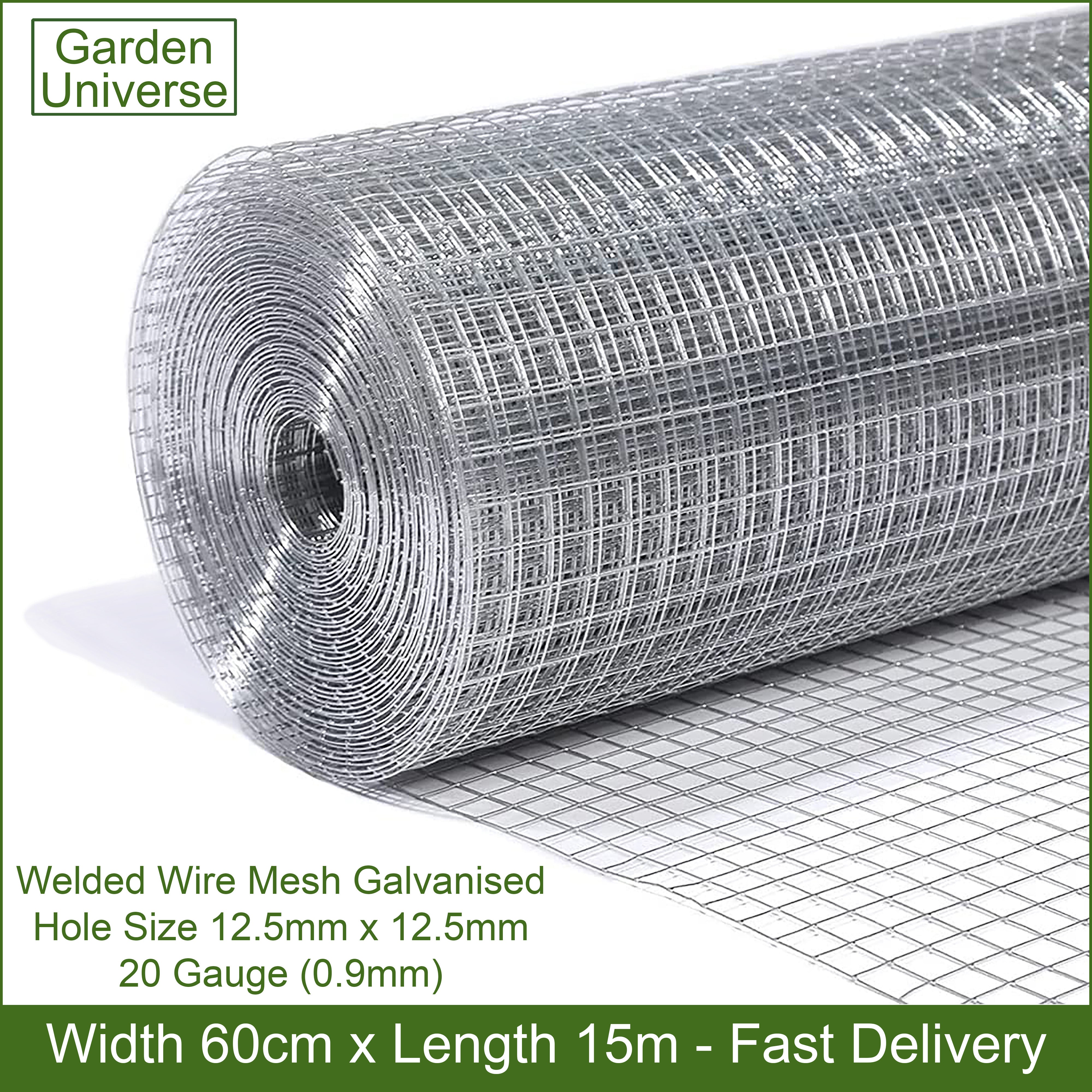 Welded Wire Mesh Galvanised Garden Universe Hole Size 12.5mm x 12.5mm (1/2"x1/2") H 60cm x L 15m Garden Fence W01-7