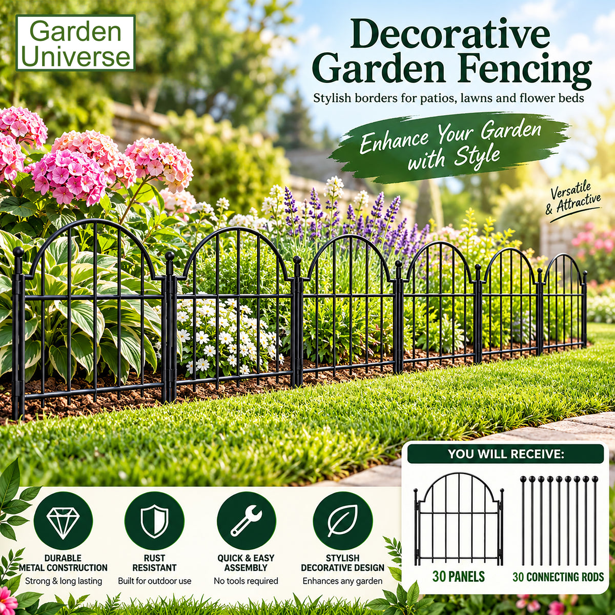 Garden Universe Decorative Metal Garden Fence 43cm High No Dig Border Edging Animal Barrier 9.9m 30 Panels - DGF01