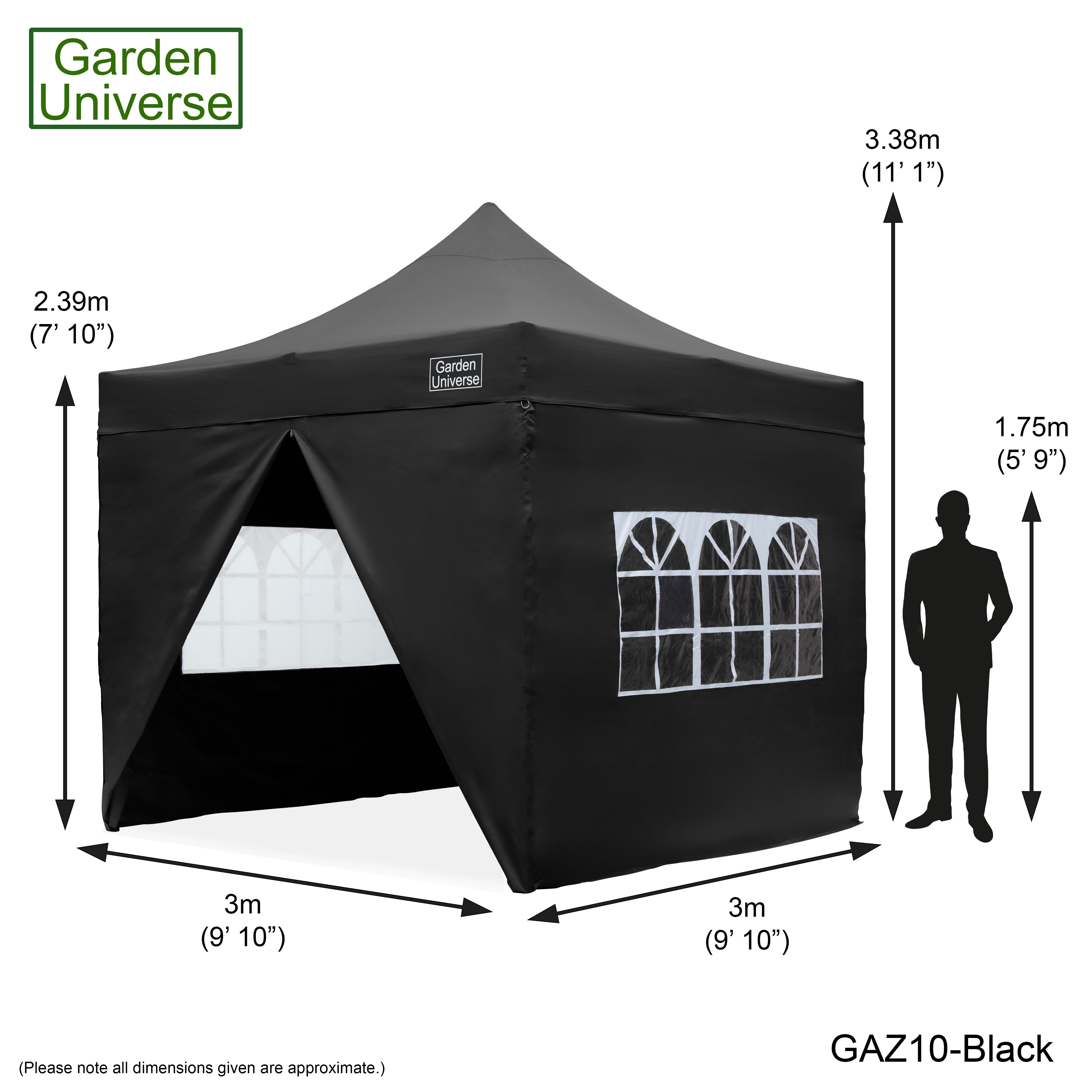 Gazebo 3m x 3m Commercial Grade Pop Up in Black with Heavy Duty Frame And Cover GAZ10-Black