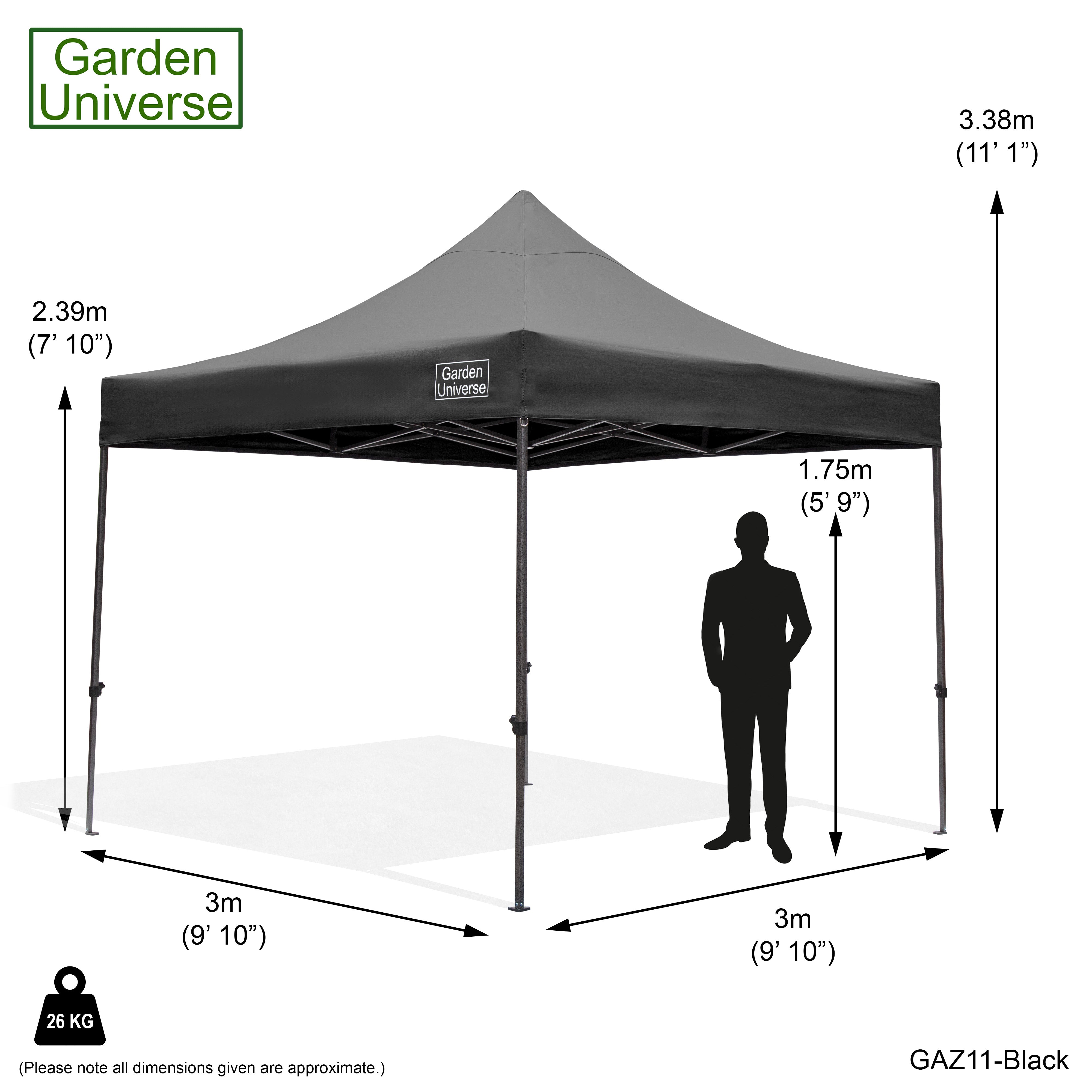 Gazebo 3m x 3m Commercial Grade Pop Up in Black with Heavy Duty Frame GAZ11-Black