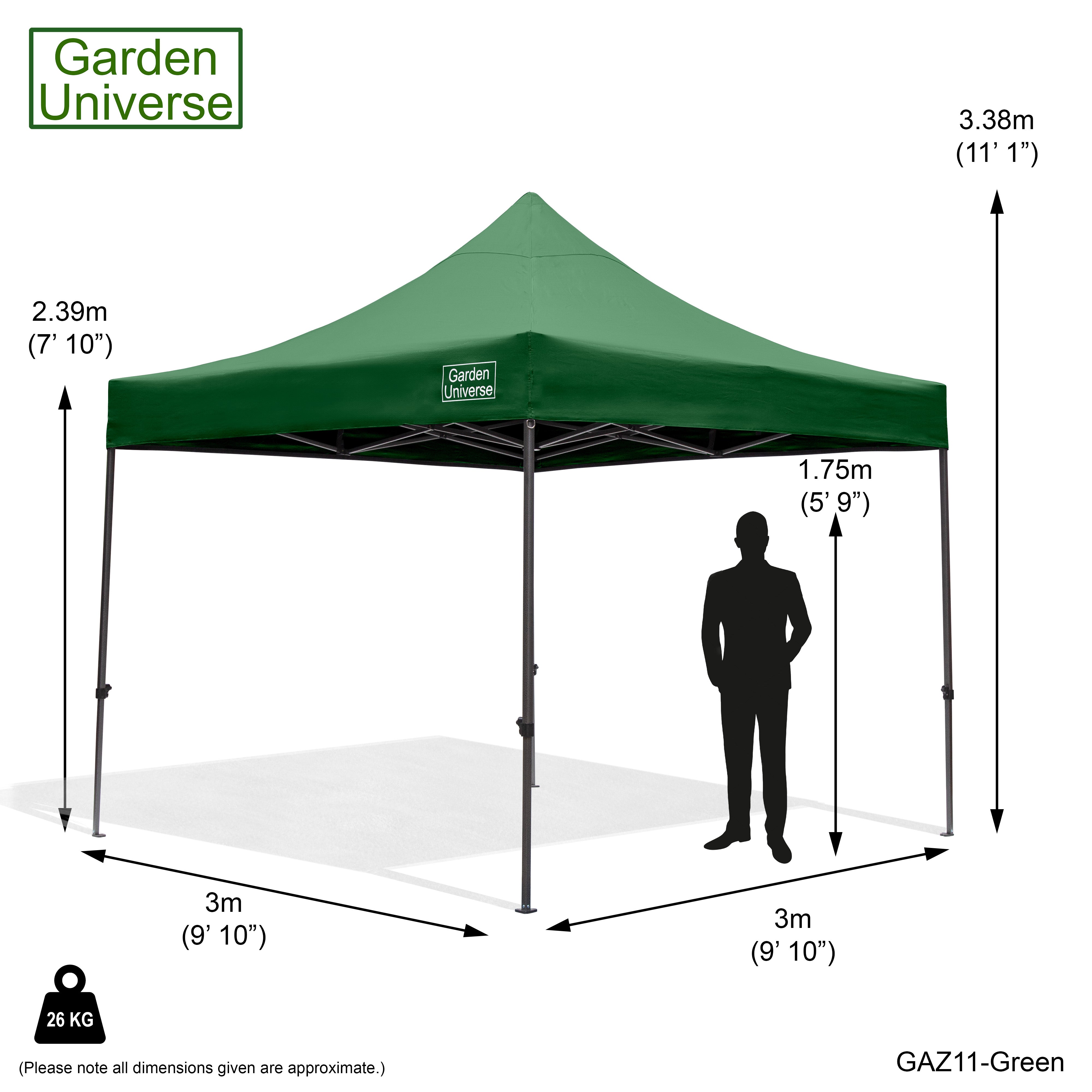 Gazebo 3m x 3m Commercial Grade Pop Up in Green with Heavy Duty Frame GAZ11-Green