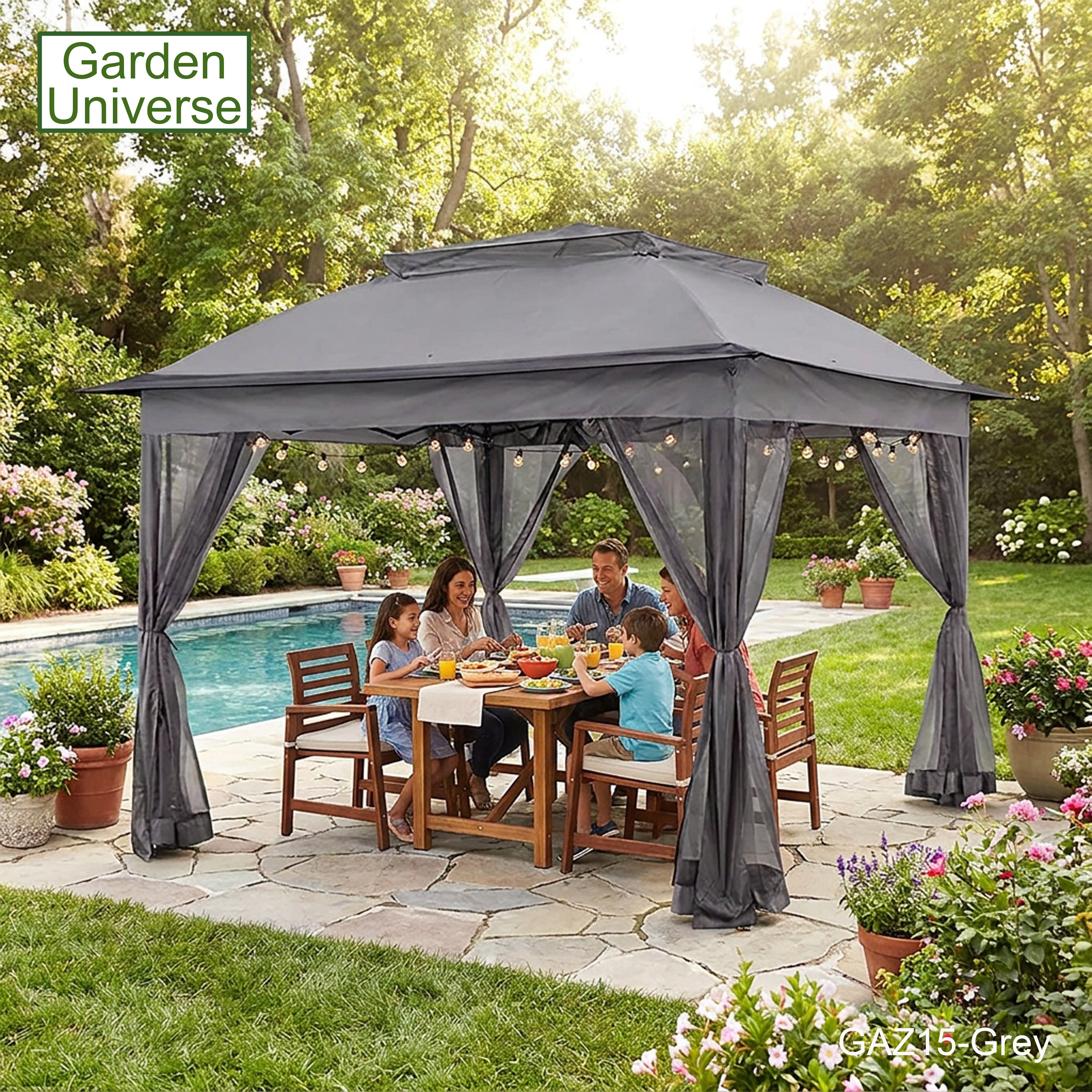 Garden Universe Gazebo with Pop-Up Frame 3.25 x 3.25m, Party Tent, Canopy, Pergola, Grey GAZ15-Grey