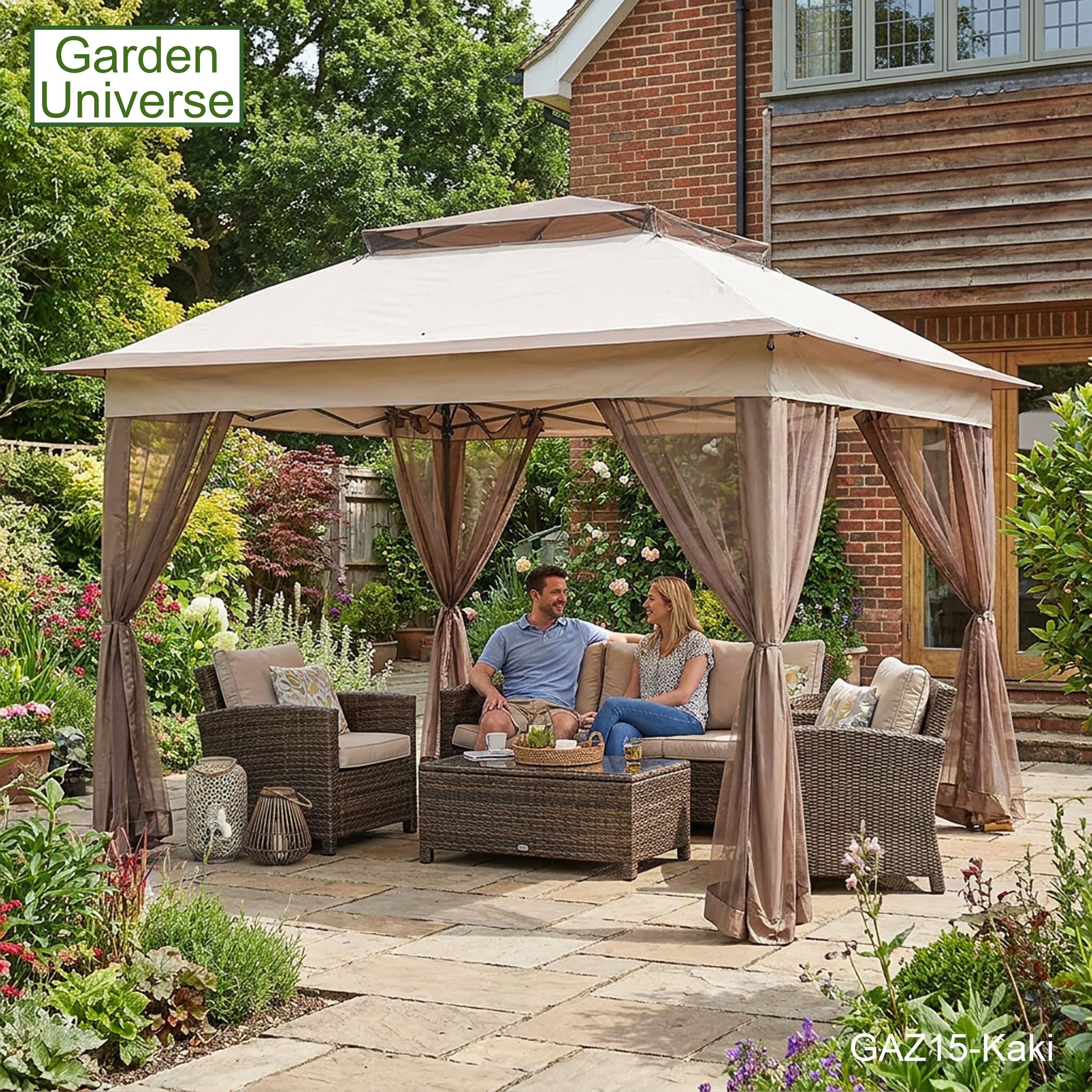 Garden Universe Gazebo with Pop-Up Frame 3.25 x 3.25m, Party Tent, Canopy, Pergola, Kaki GAZ15-Kaki