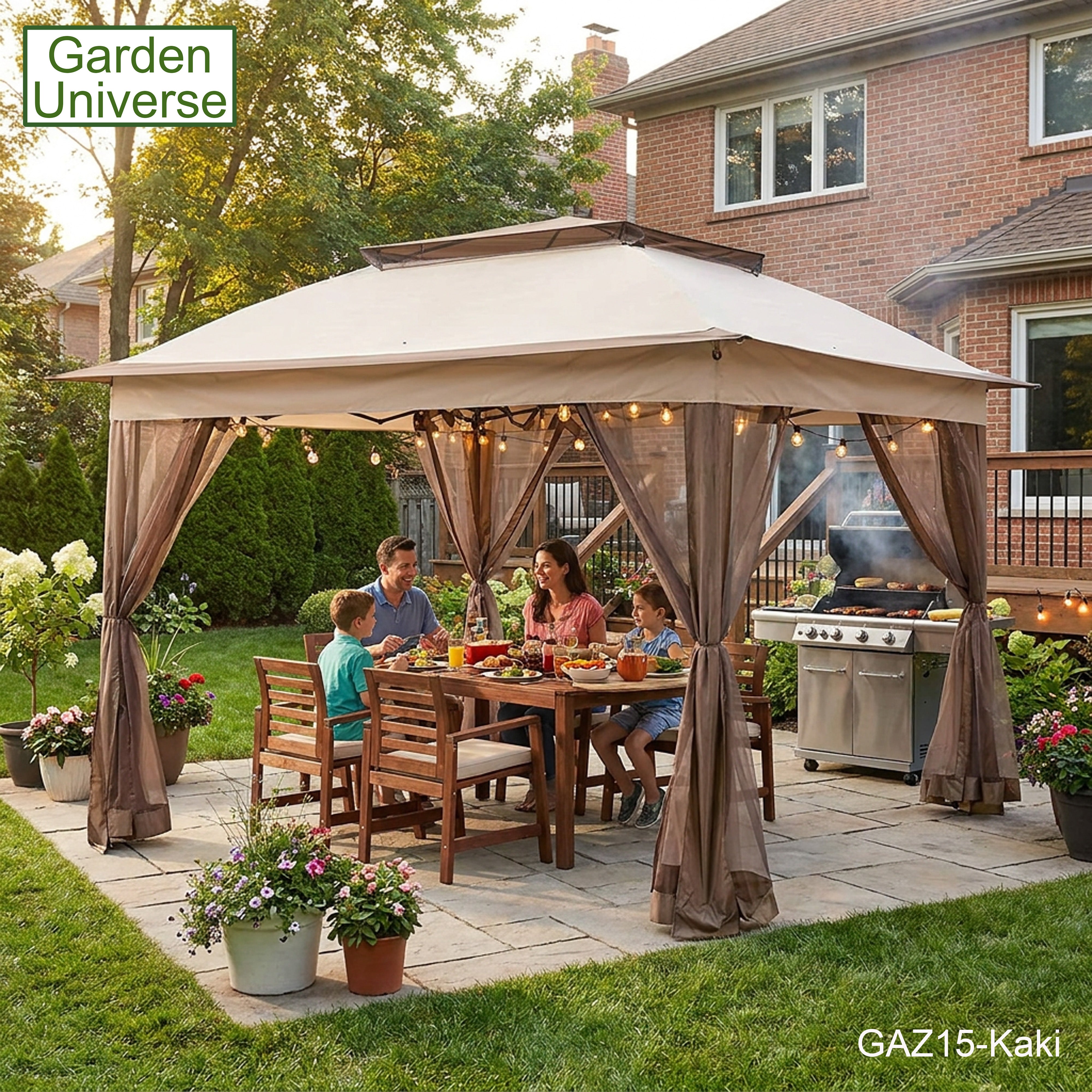 Garden Universe Gazebo with Pop-Up Frame 3.25 x 3.25m, Party Tent, Canopy, Pergola, Kaki GAZ15-Kaki