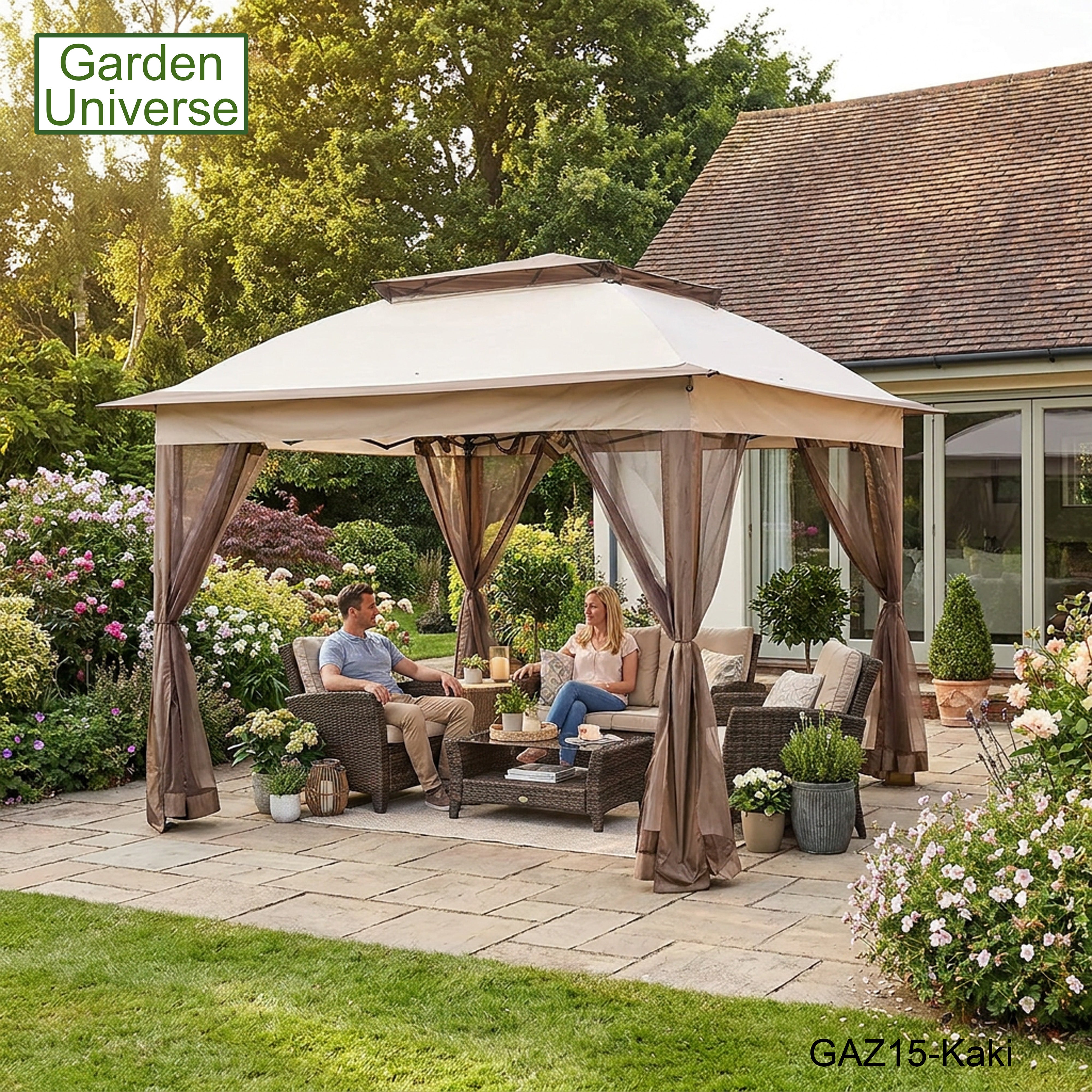 Garden Universe Gazebo with Pop-Up Frame 3.25 x 3.25m, Party Tent, Canopy, Pergola, Kaki GAZ15-Kaki