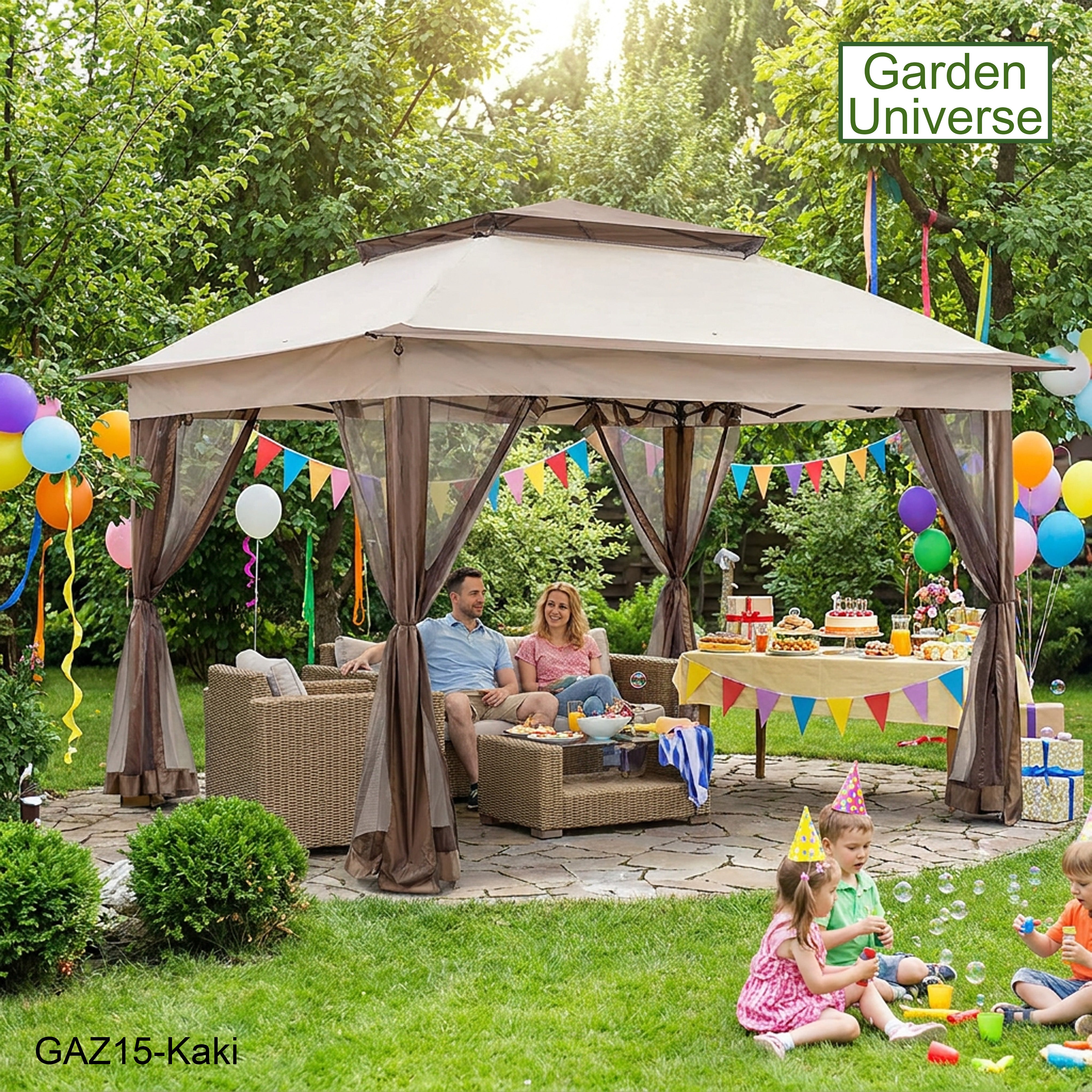 Garden Universe Gazebo with Pop-Up Frame 3.25 x 3.25m, Party Tent, Canopy, Pergola, Kaki GAZ15-Kaki
