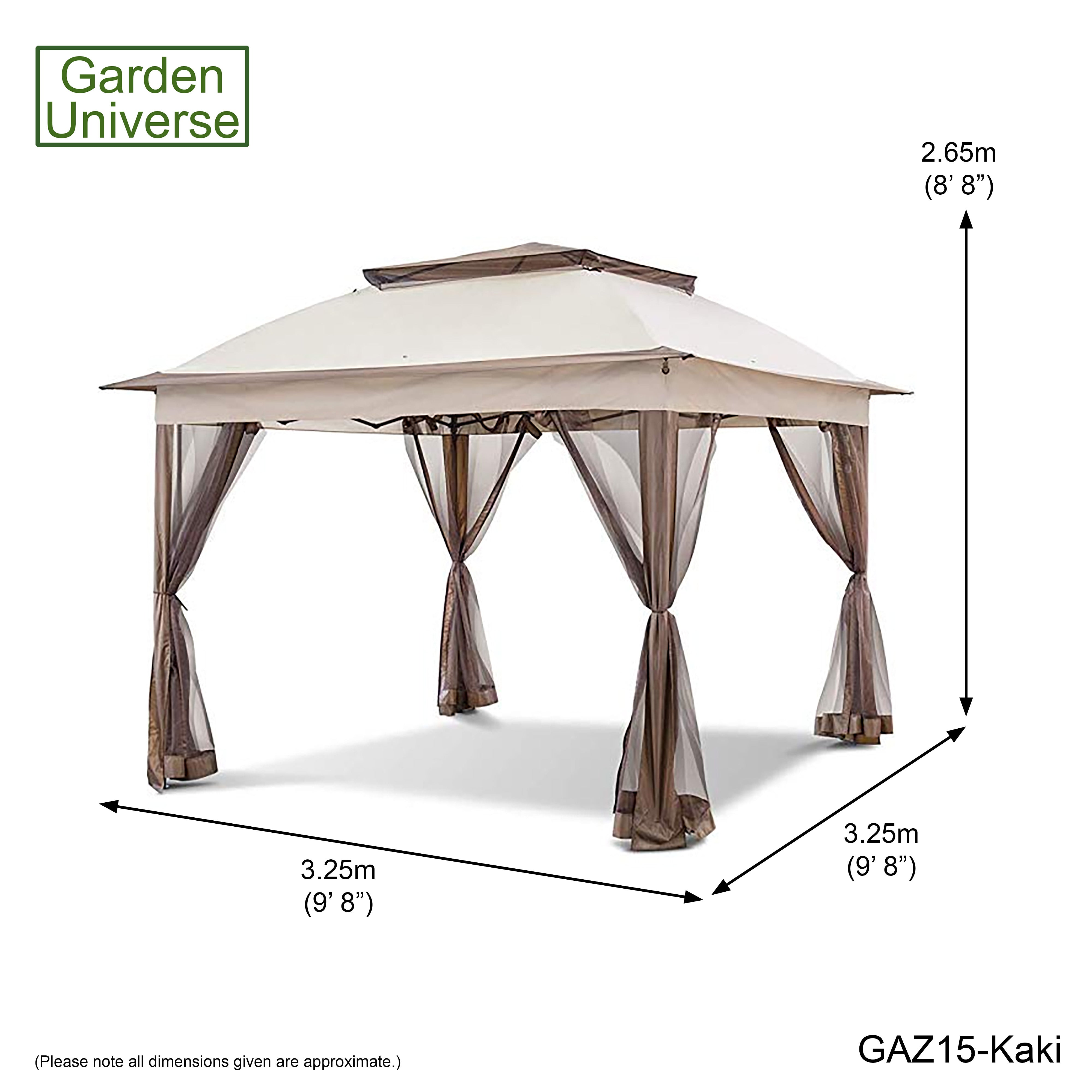 Garden Universe Gazebo with Pop-Up Frame 3.25 x 3.25m, Party Tent, Canopy, Pergola, Kaki GAZ15-Kaki