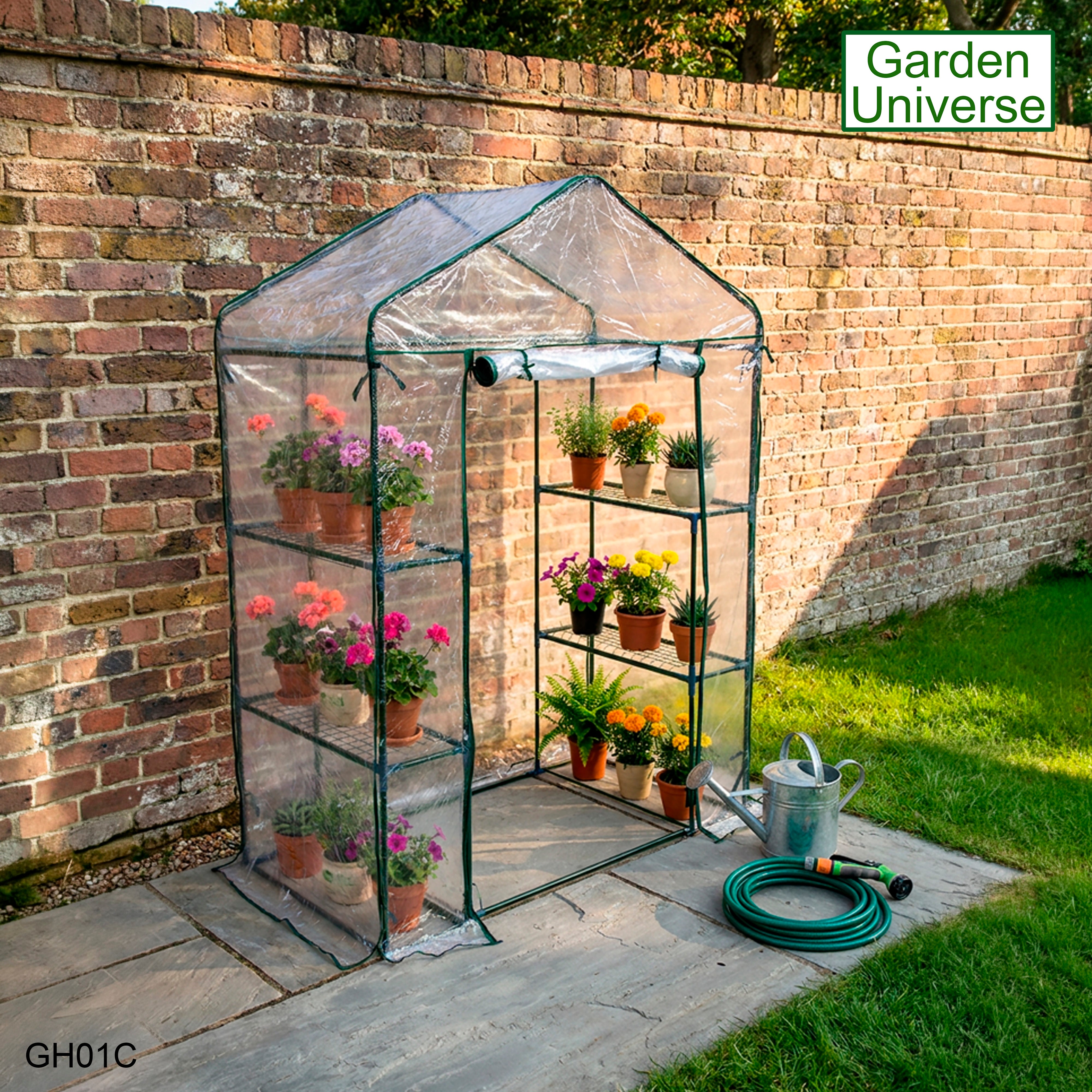 Greenhouse Walk-In Clear PVC Cover 4 Shelves 1.4m x 0.73m with Roll Up Door GH01C