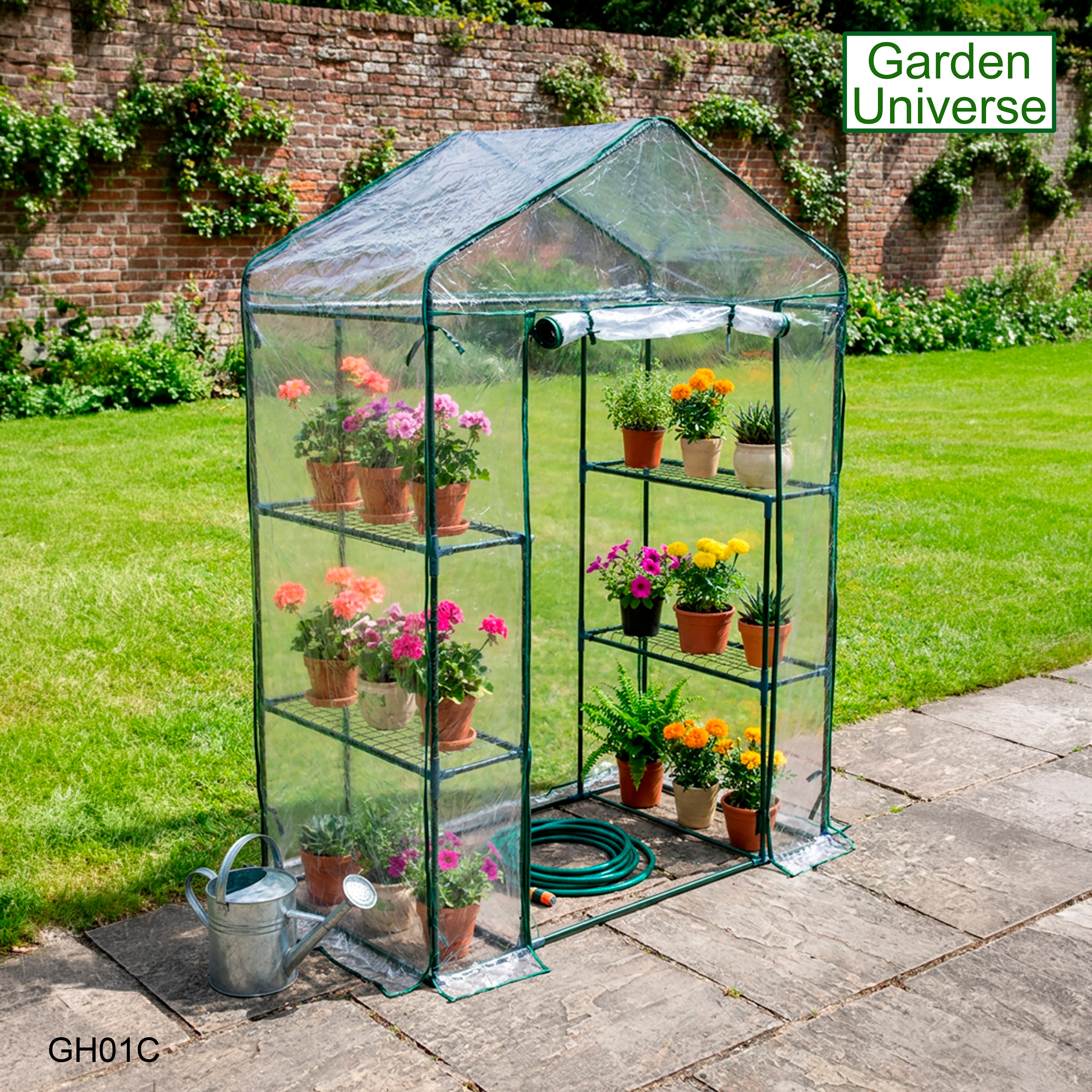 Greenhouse Walk-In Clear PVC Cover 4 Shelves 1.4m x 0.73m with Roll Up Door GH01C