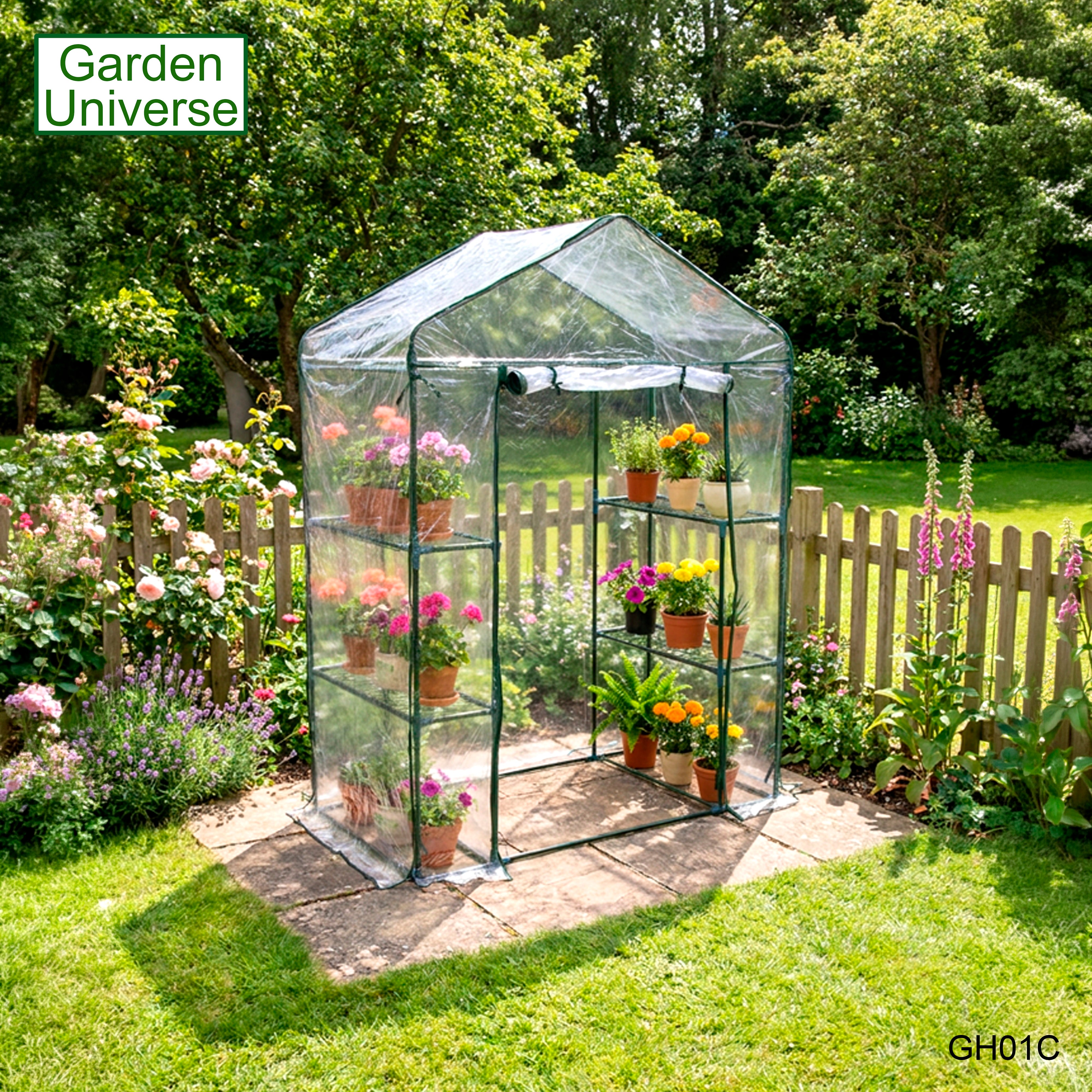 Greenhouse Walk-In Clear PVC Cover 4 Shelves 1.4m x 0.73m with Roll Up Door GH01C