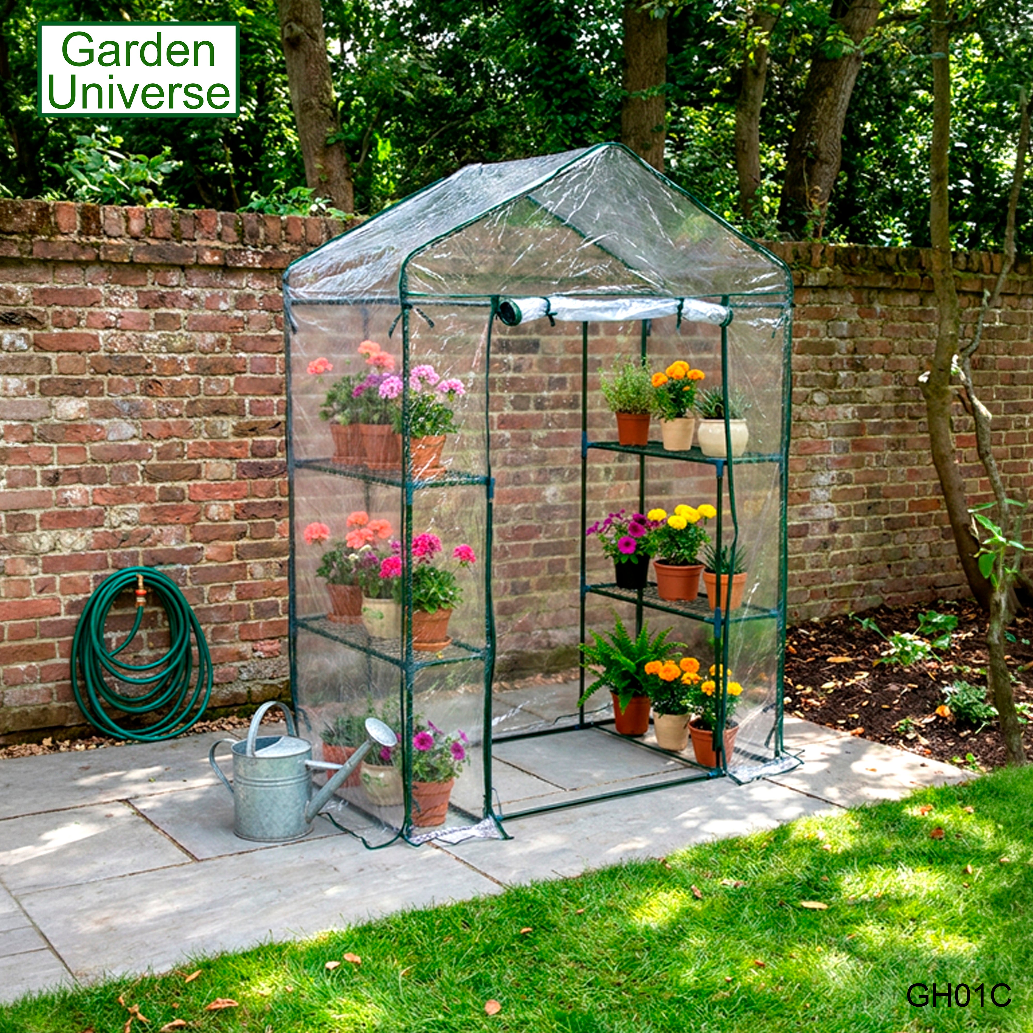 Greenhouse Walk-In Clear PVC Cover 4 Shelves 1.4m x 0.73m with Roll Up Door GH01C