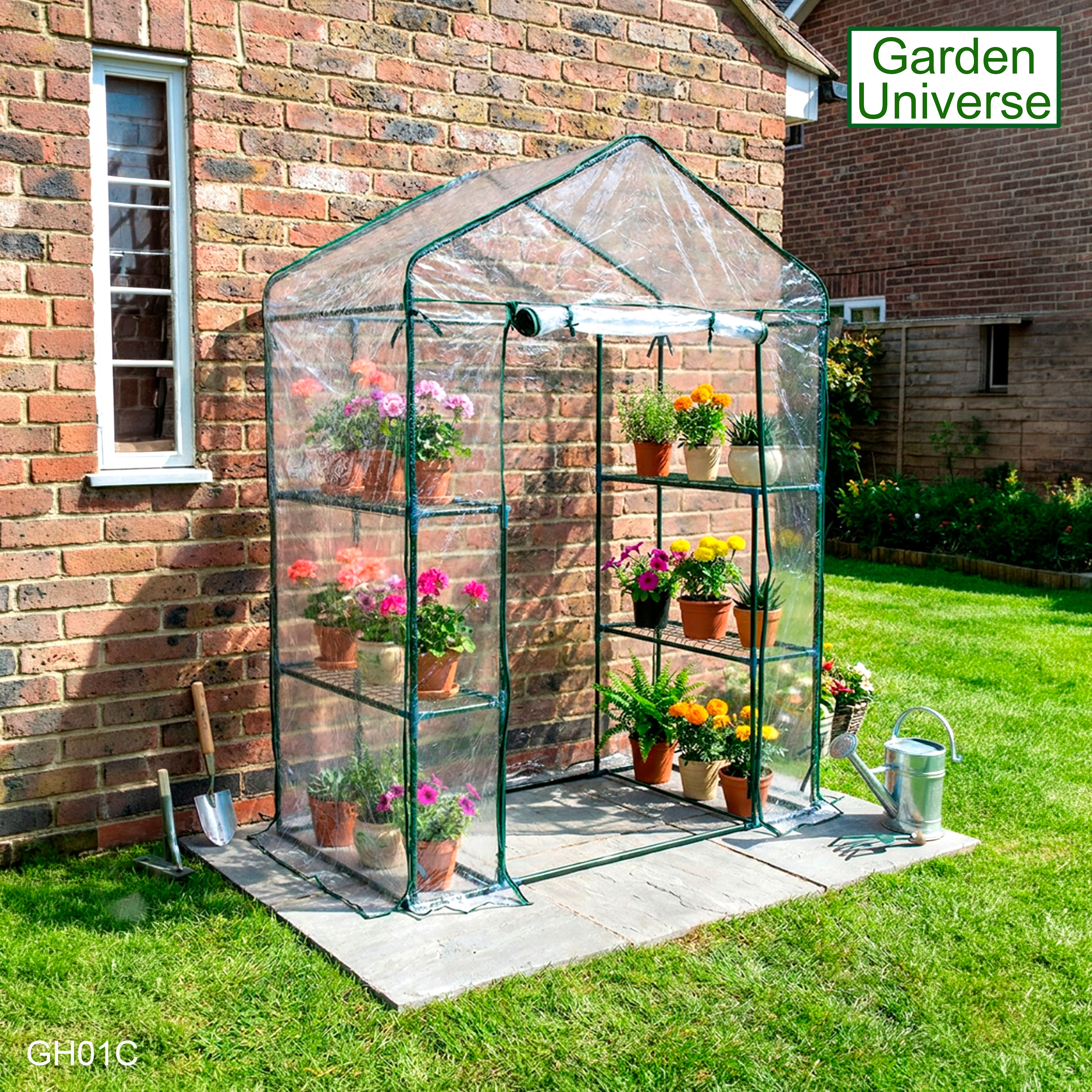 Greenhouse Walk-In Clear PVC Cover 4 Shelves 1.4m x 0.73m with Roll Up Door GH01C
