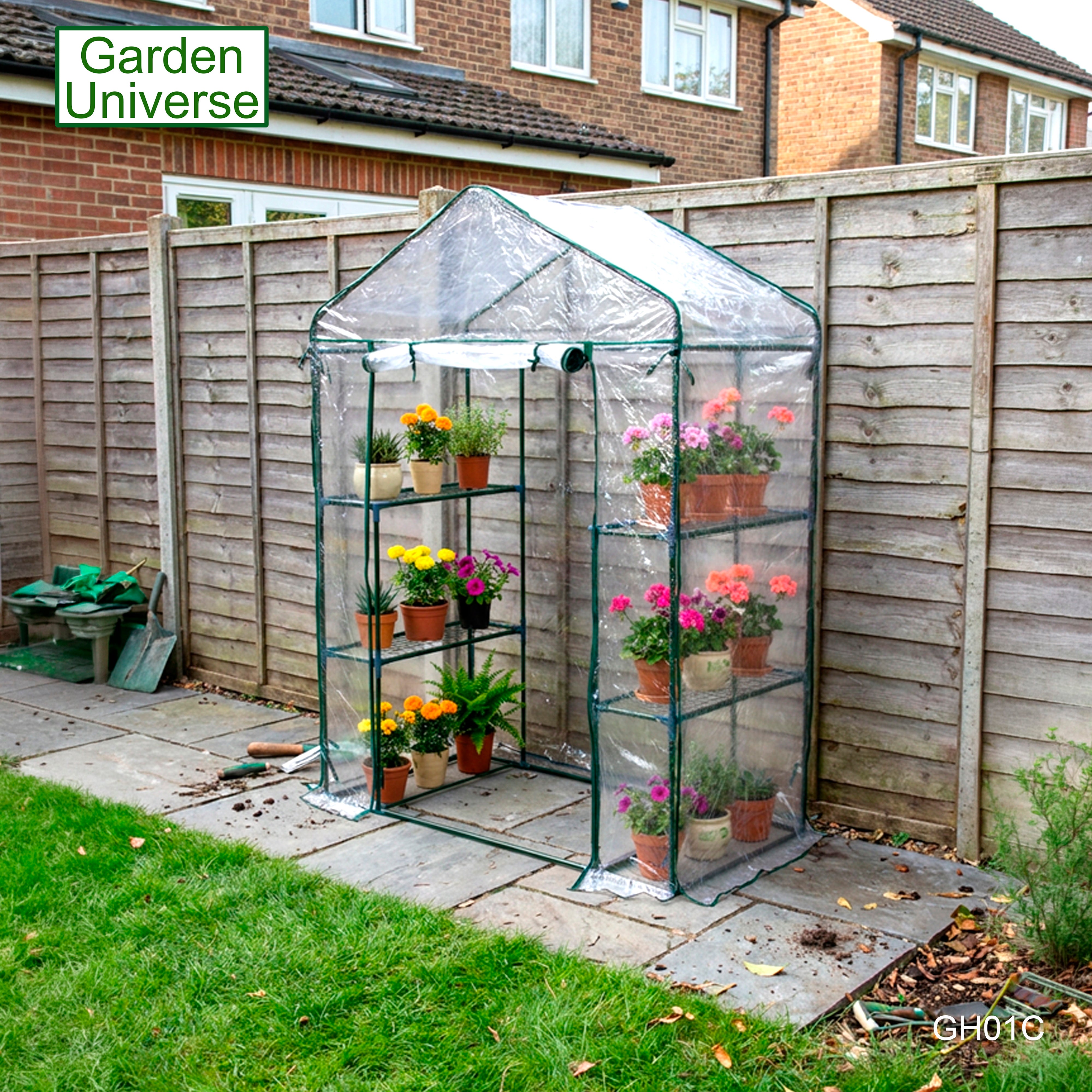 Greenhouse Walk-In Clear PVC Cover 4 Shelves 1.4m x 0.73m with Roll Up Door GH01C