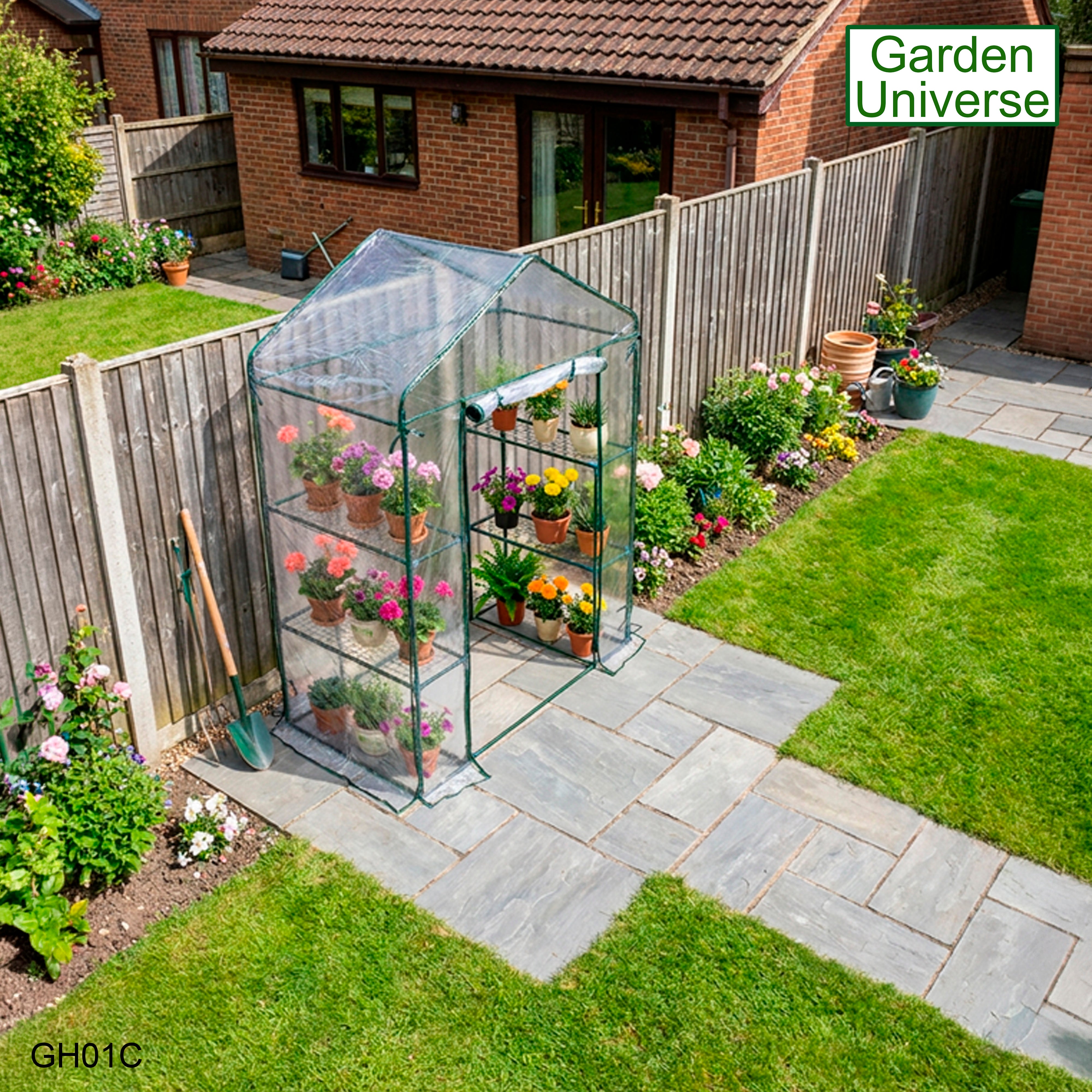 Greenhouse Walk-In Clear PVC Cover 4 Shelves 1.4m x 0.73m with Roll Up Door GH01C