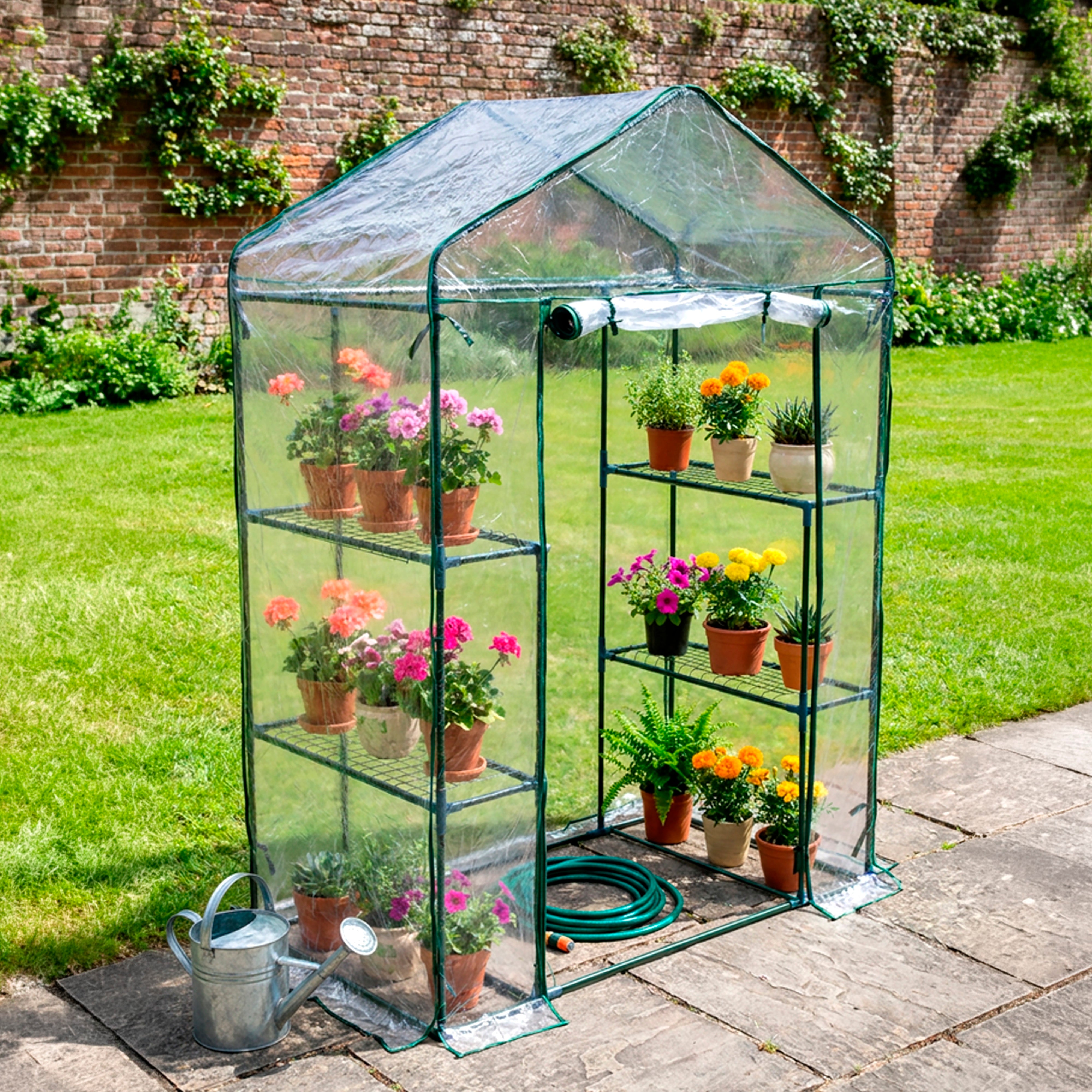 Greenhouse Walk-In Clear PVC Cover 4 Shelves 1.4m x 0.73m with Roll Up Door GH01C