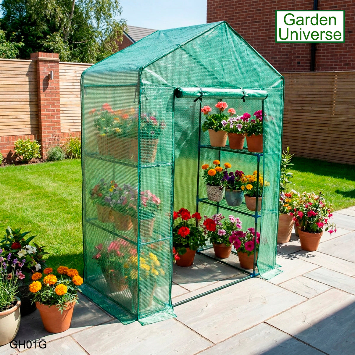 Greenhouse Walk-In Green PVC Cover 4 Shelves H 1.95 x W 1.4 x D 0.73m with Roll Up Door GH01G