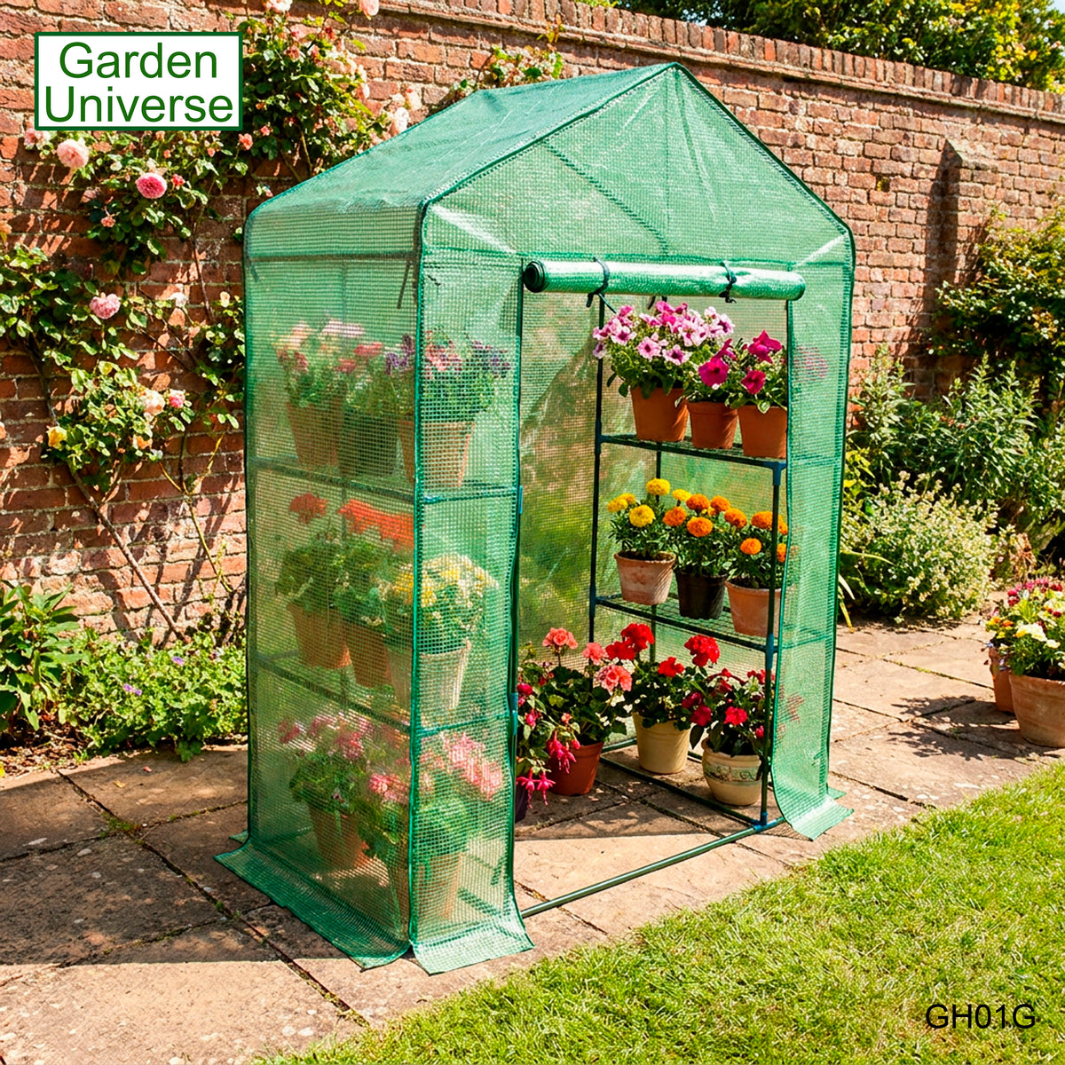 Greenhouse Walk-In Green PVC Cover 4 Shelves H 1.95 x W 1.4 x D 0.73m with Roll Up Door GH01G