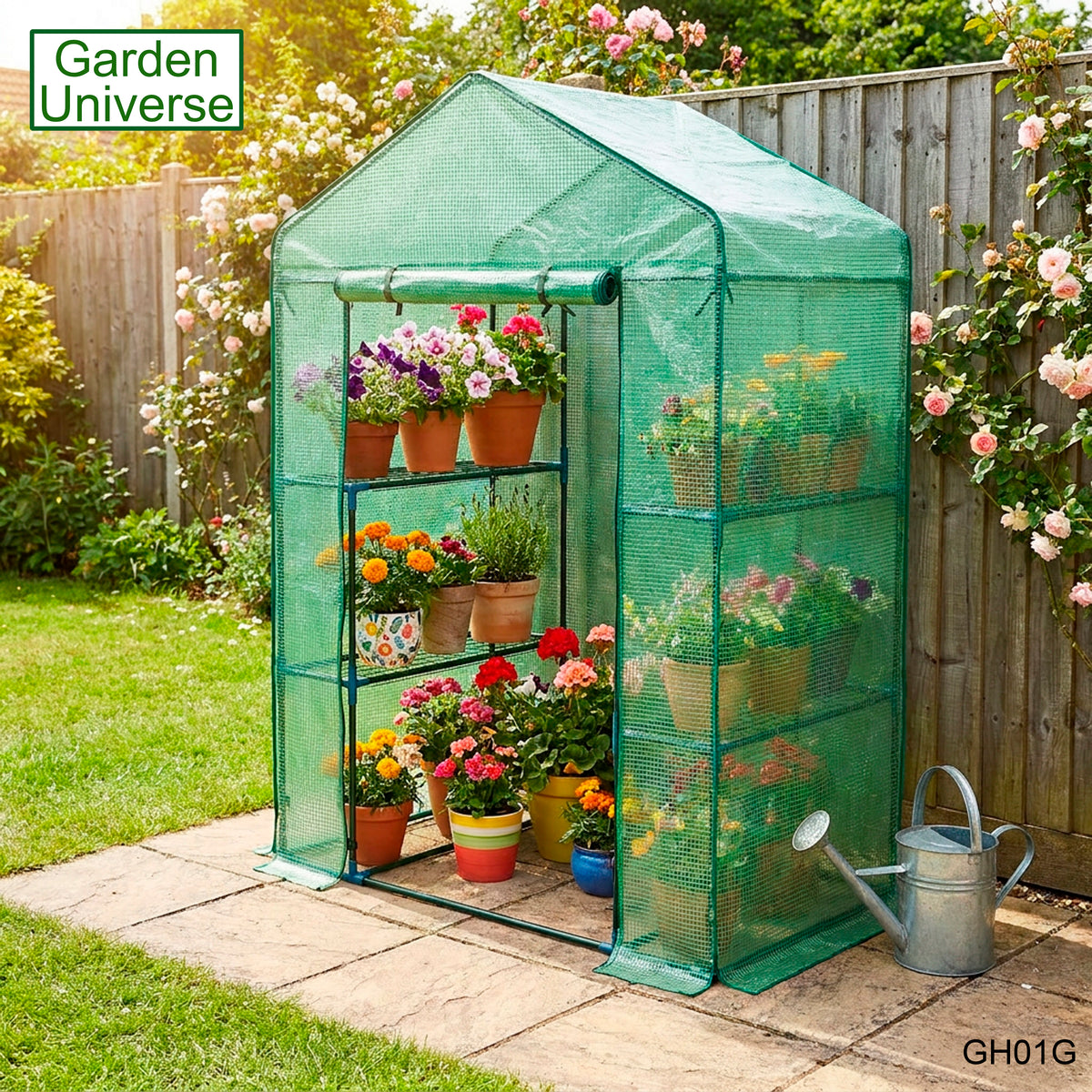 Greenhouse Walk-In Green PVC Cover 4 Shelves H 1.95 x W 1.4 x D 0.73m with Roll Up Door GH01G