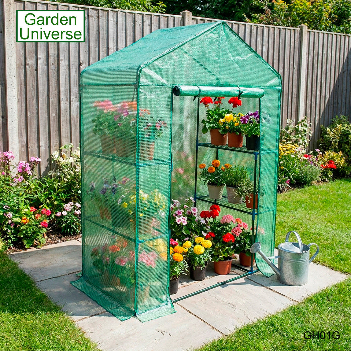 Greenhouse Walk-In Green PVC Cover 4 Shelves H 1.95 x W 1.4 x D 0.73m with Roll Up Door GH01G