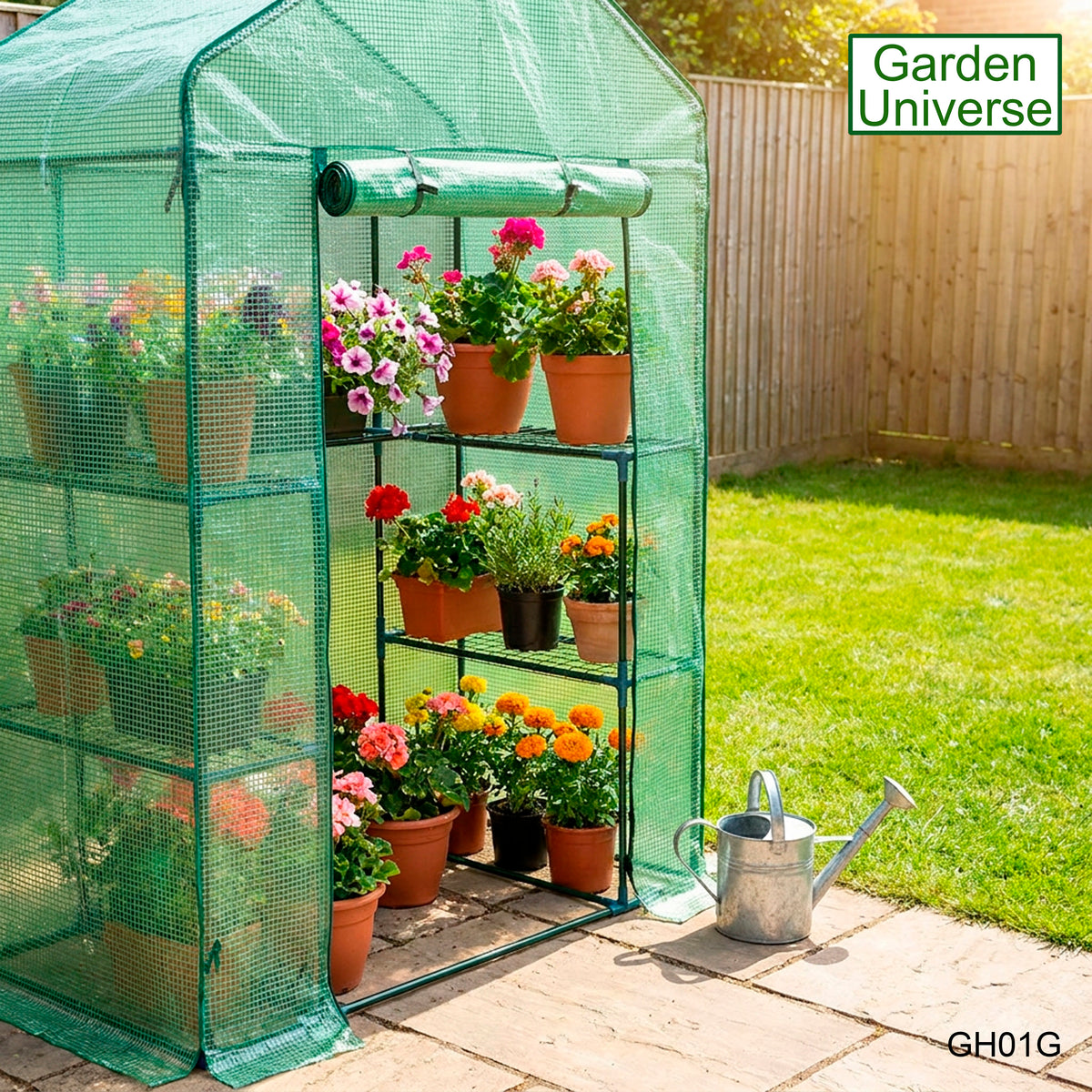 Greenhouse Walk-In Green PVC Cover 4 Shelves H 1.95 x W 1.4 x D 0.73m with Roll Up Door GH01G