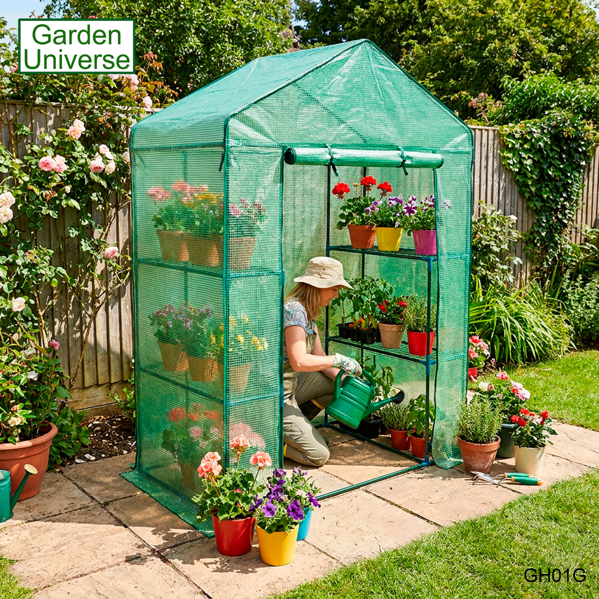 Greenhouse Walk-In Green PVC Cover 4 Shelves H 1.95 x W 1.4 x D 0.73m with Roll Up Door GH01G