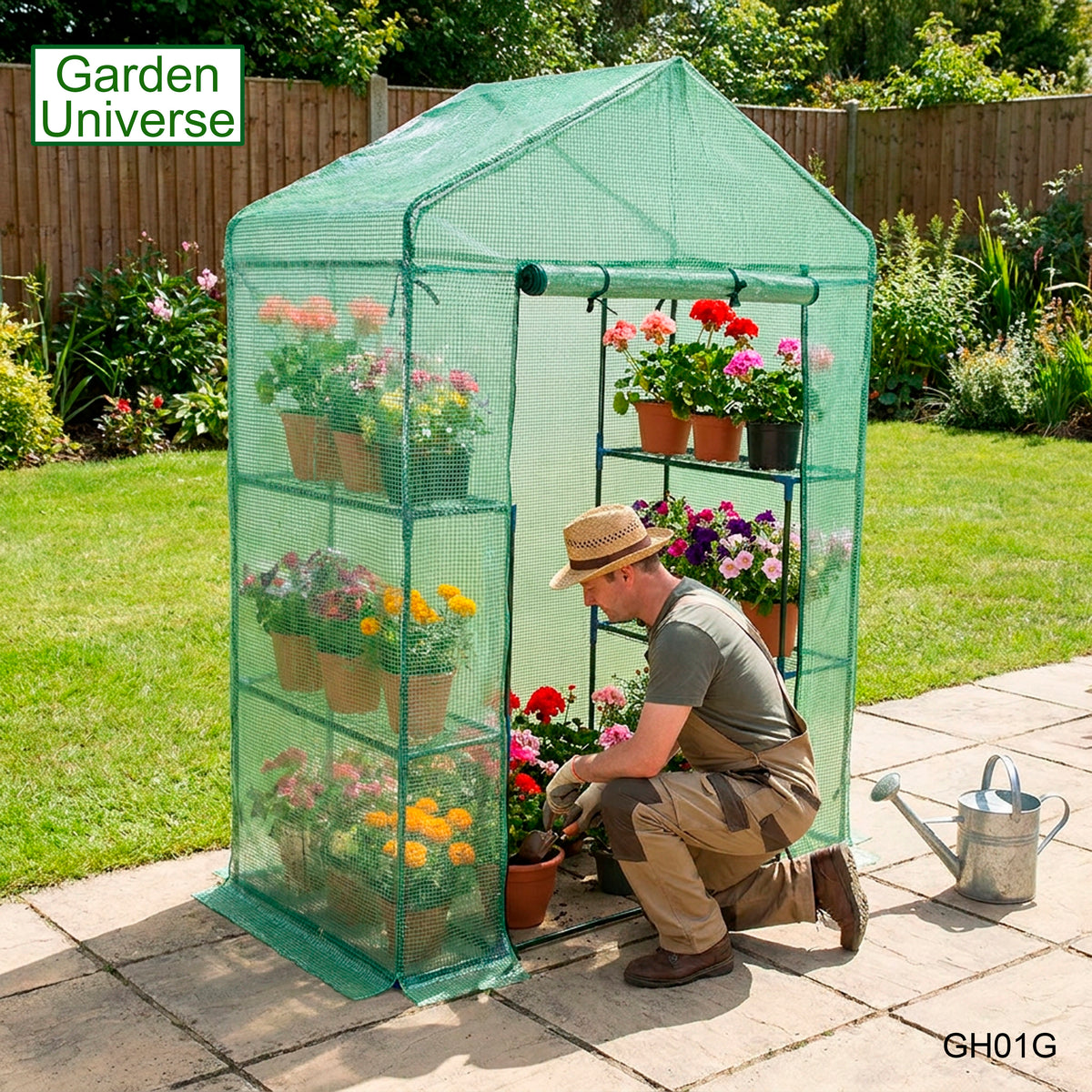 Greenhouse Walk-In Green PVC Cover 4 Shelves H 1.95 x W 1.4 x D 0.73m with Roll Up Door GH01G