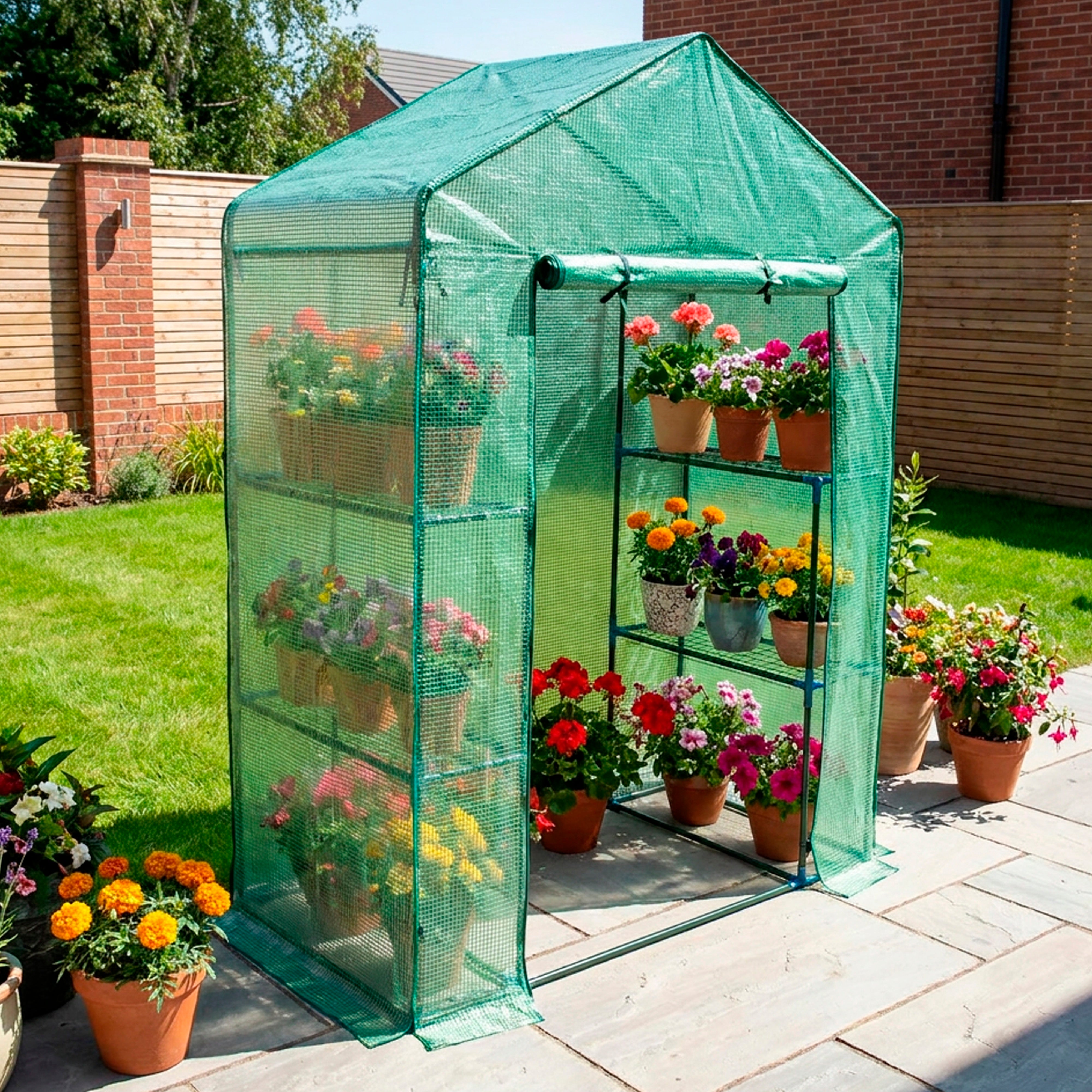 Greenhouse Walk-In Green PVC Cover 4 Shelves H 1.95 x W 1.4 x D 0.73m with Roll Up Door GH01G