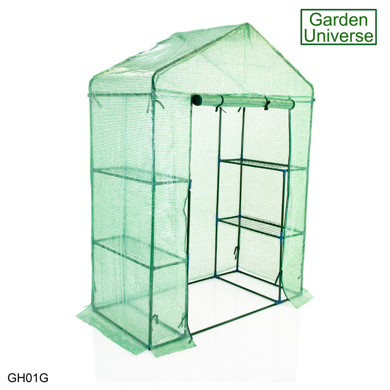 Greenhouse Walk-In Green PVC Cover 4 Shelves 1.4m x 0.73m with Roll Up Door GH01G