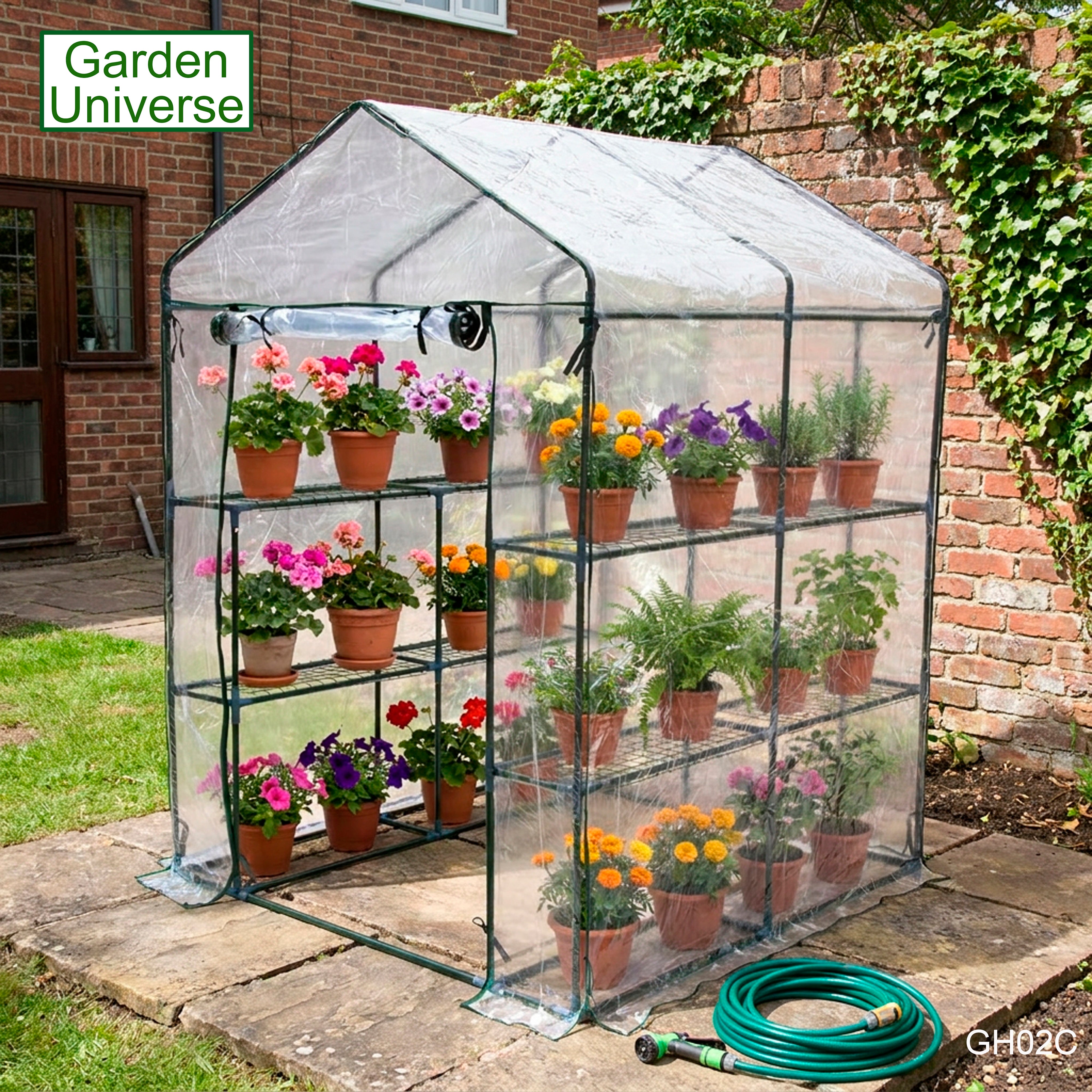 Greenhouse Walk-In Clear PVC Cover 8 Shelves 1.4m x 1.4m with Roll Up Door GH02C