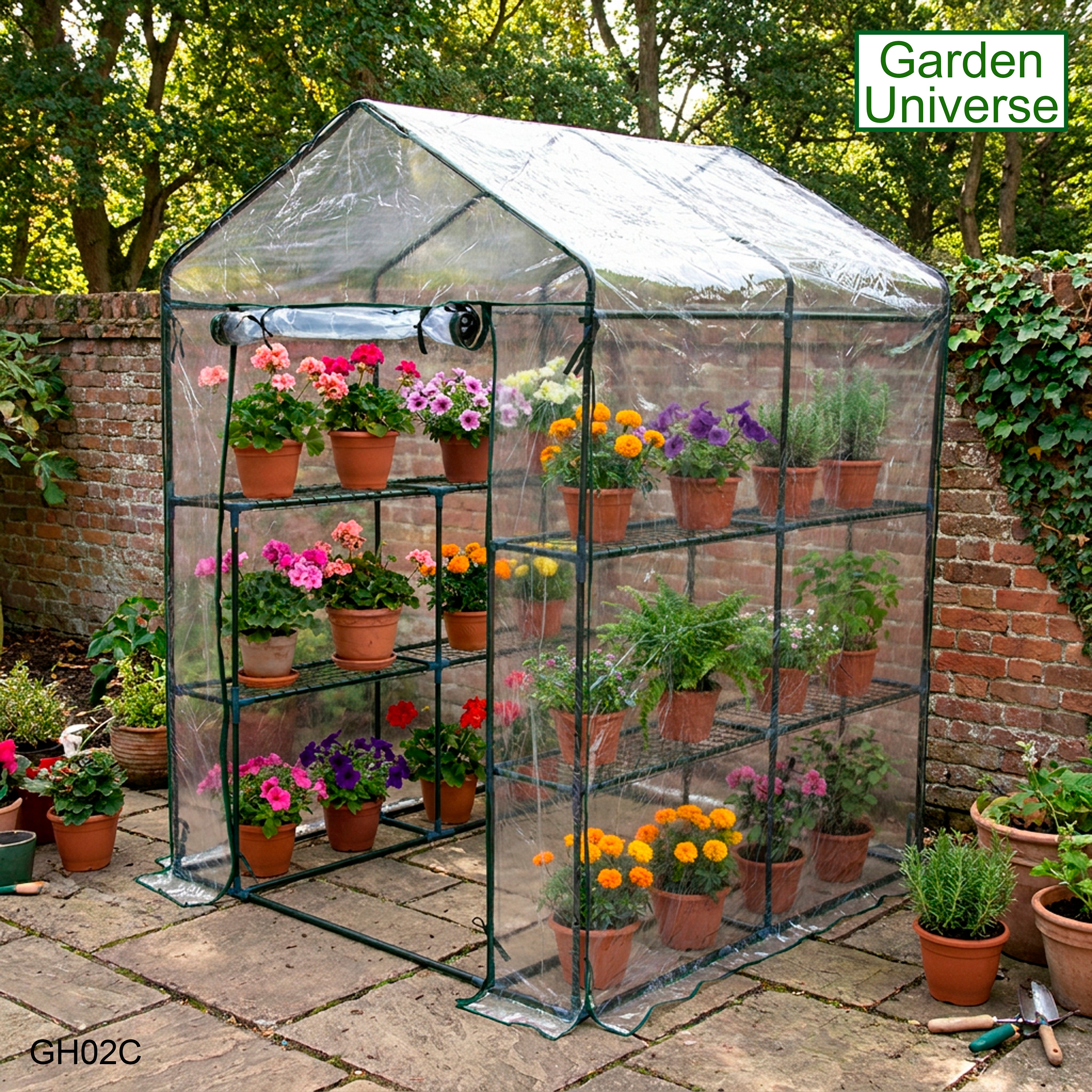 Greenhouse Walk-In Clear PVC Cover 8 Shelves 1.4m x 1.4m with Roll Up Door GH02C