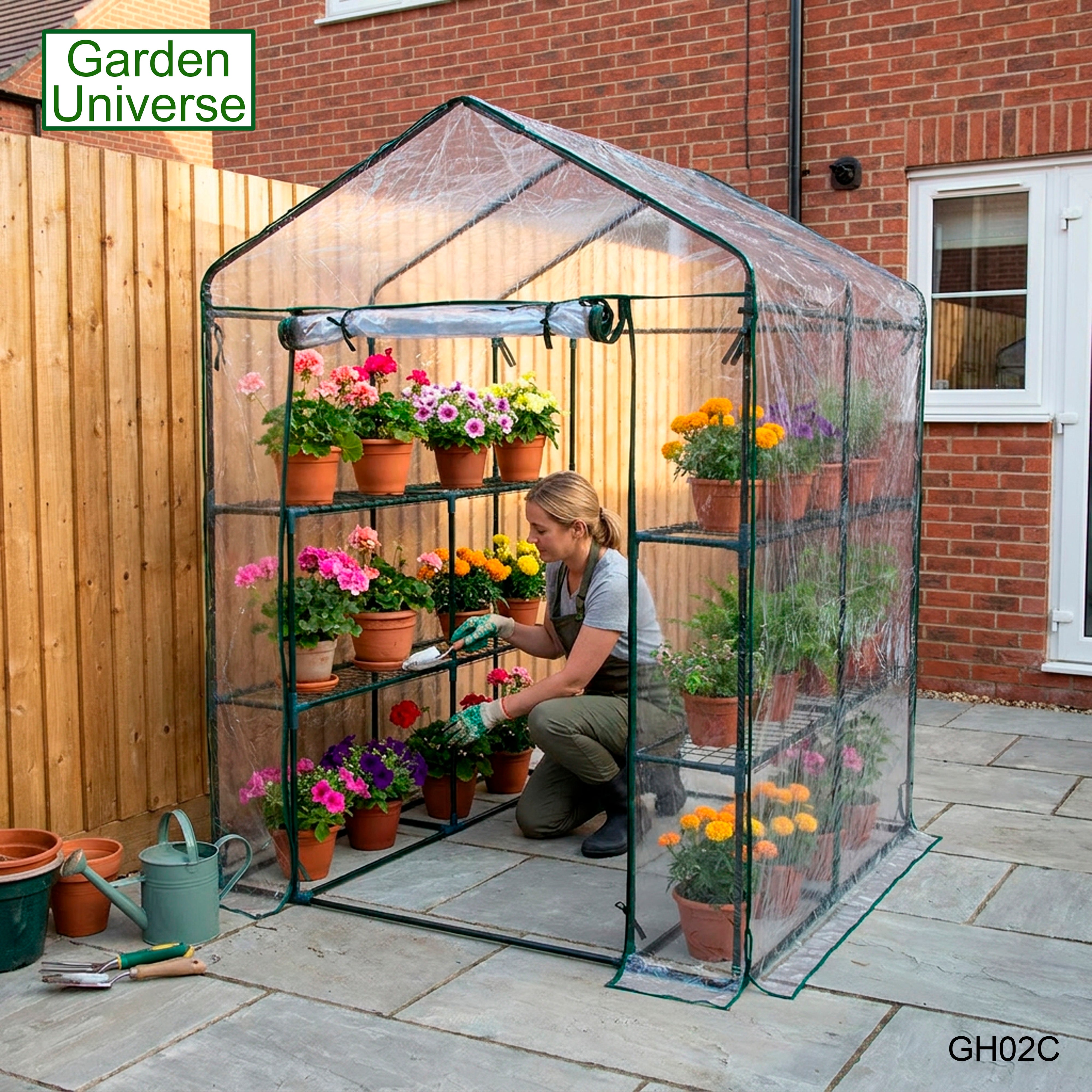 Greenhouse Walk-In Clear PVC Cover 8 Shelves 1.4m x 1.4m with Roll Up Door GH02C