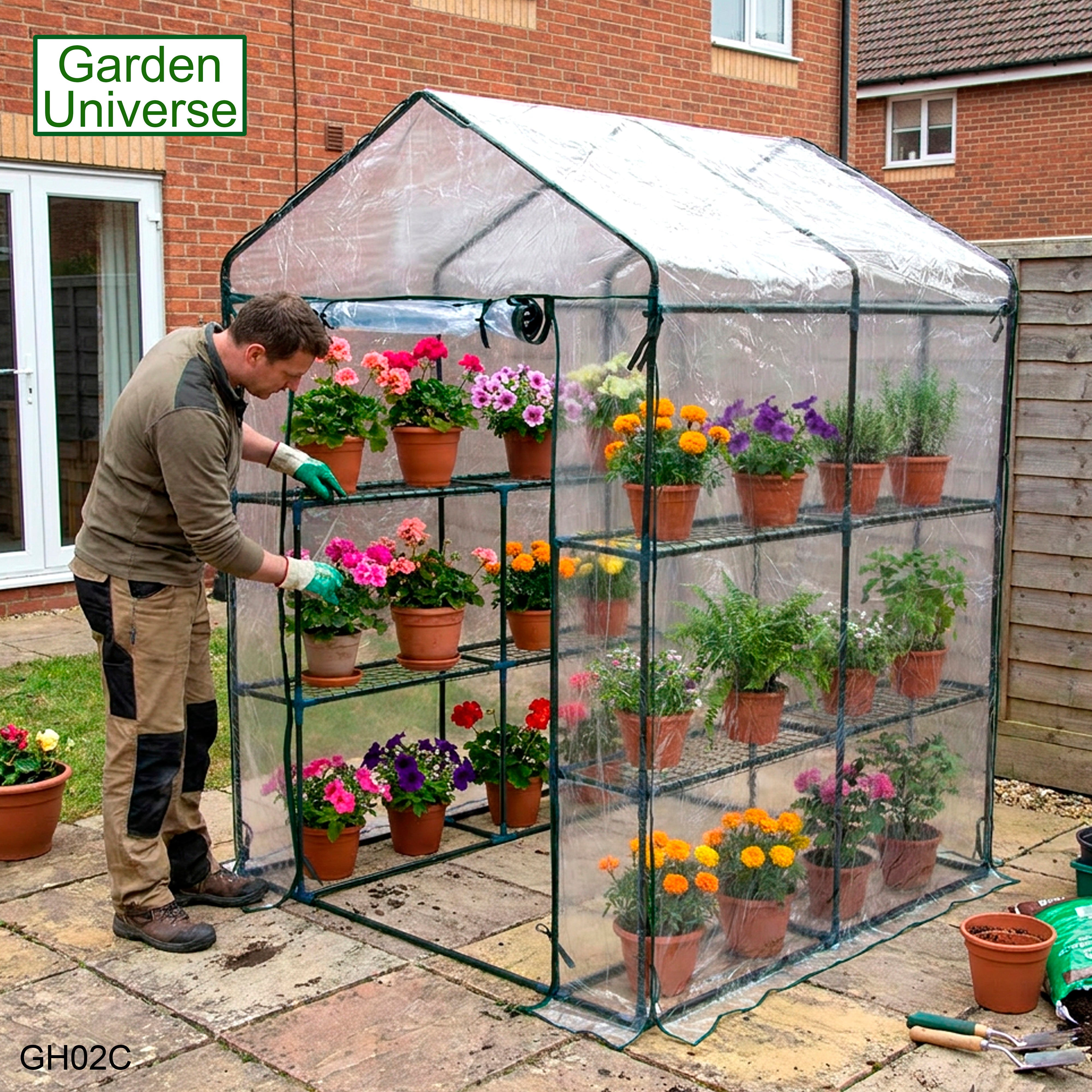Greenhouse Walk-In Clear PVC Cover 8 Shelves 1.4m x 1.4m with Roll Up Door GH02C