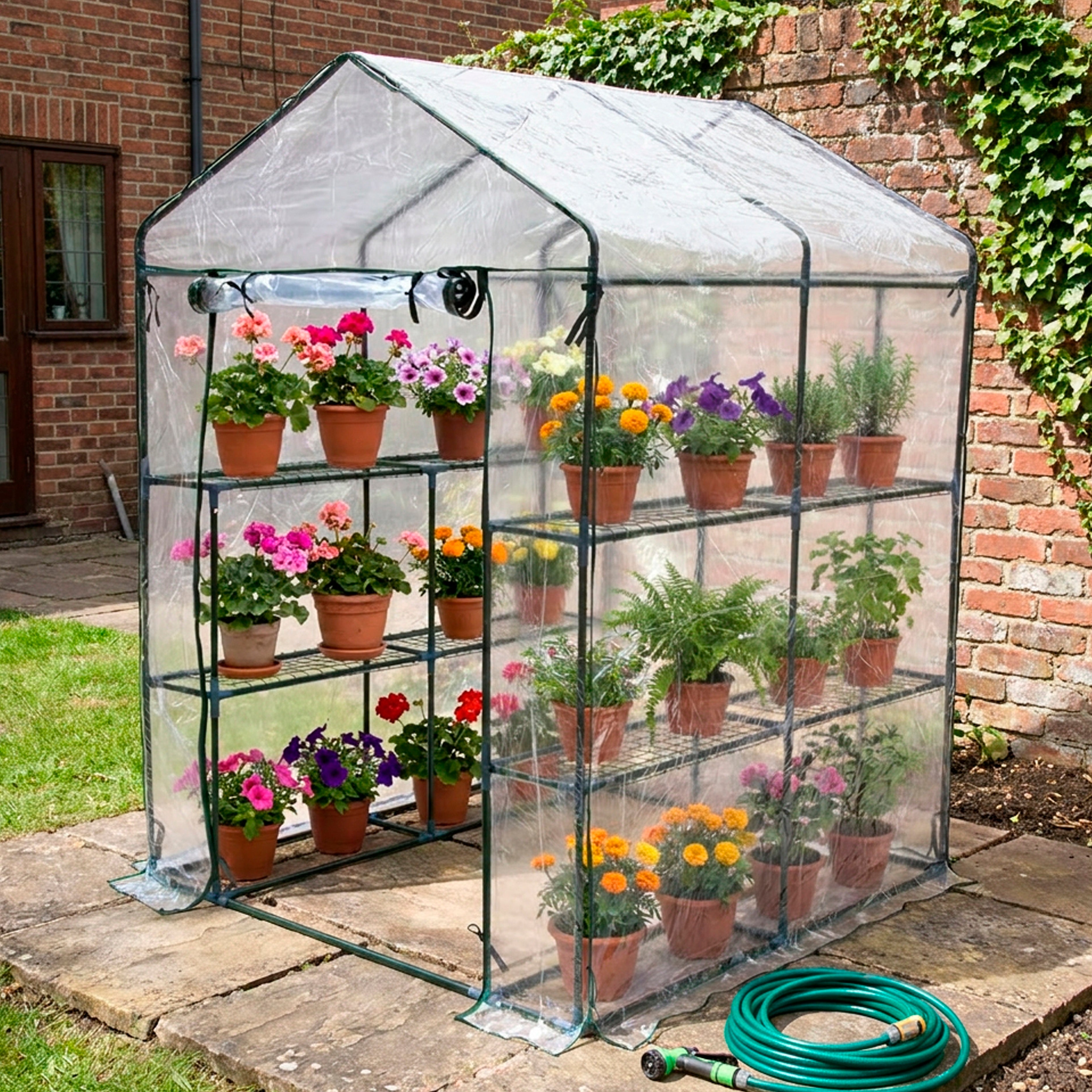Greenhouse Walk-In Clear PVC Cover 8 Shelves 1.4m x 1.4m with Roll Up Door GH02C